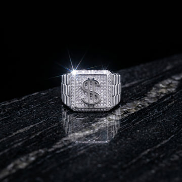 Iced Out Dollar Sign Ring – Pavé CZ Signet Ring in Sterling Silver