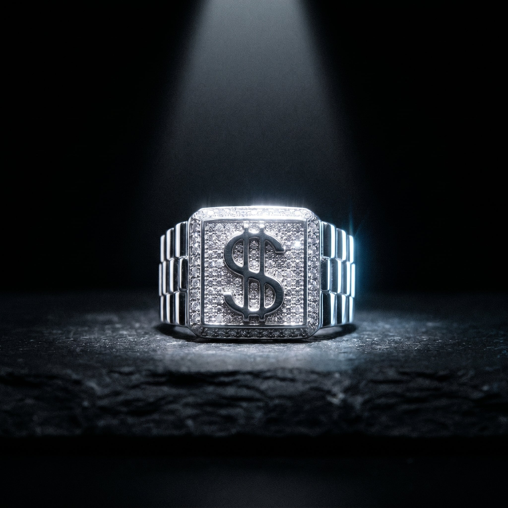 Iced Out Dollar Sign Ring – Pavé CZ Signet Ring in Sterling Silver