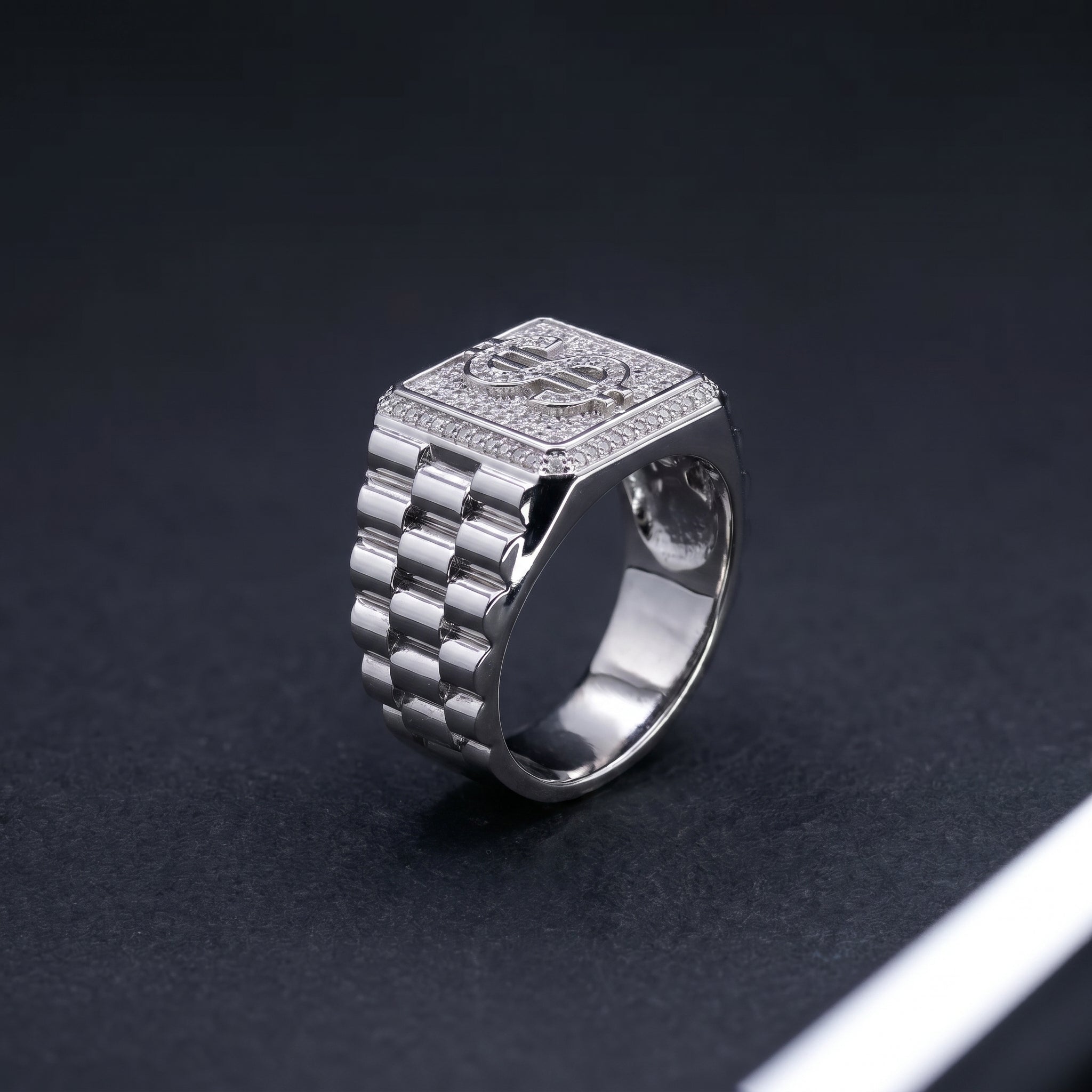 Iced Out Dollar Sign Ring – Pavé CZ Signet Ring in Sterling Silver