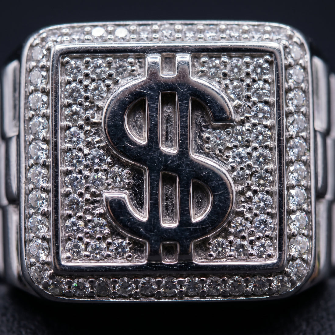 Iced Out Pavé Dollar Sign Signet Ring In Sterling Silver