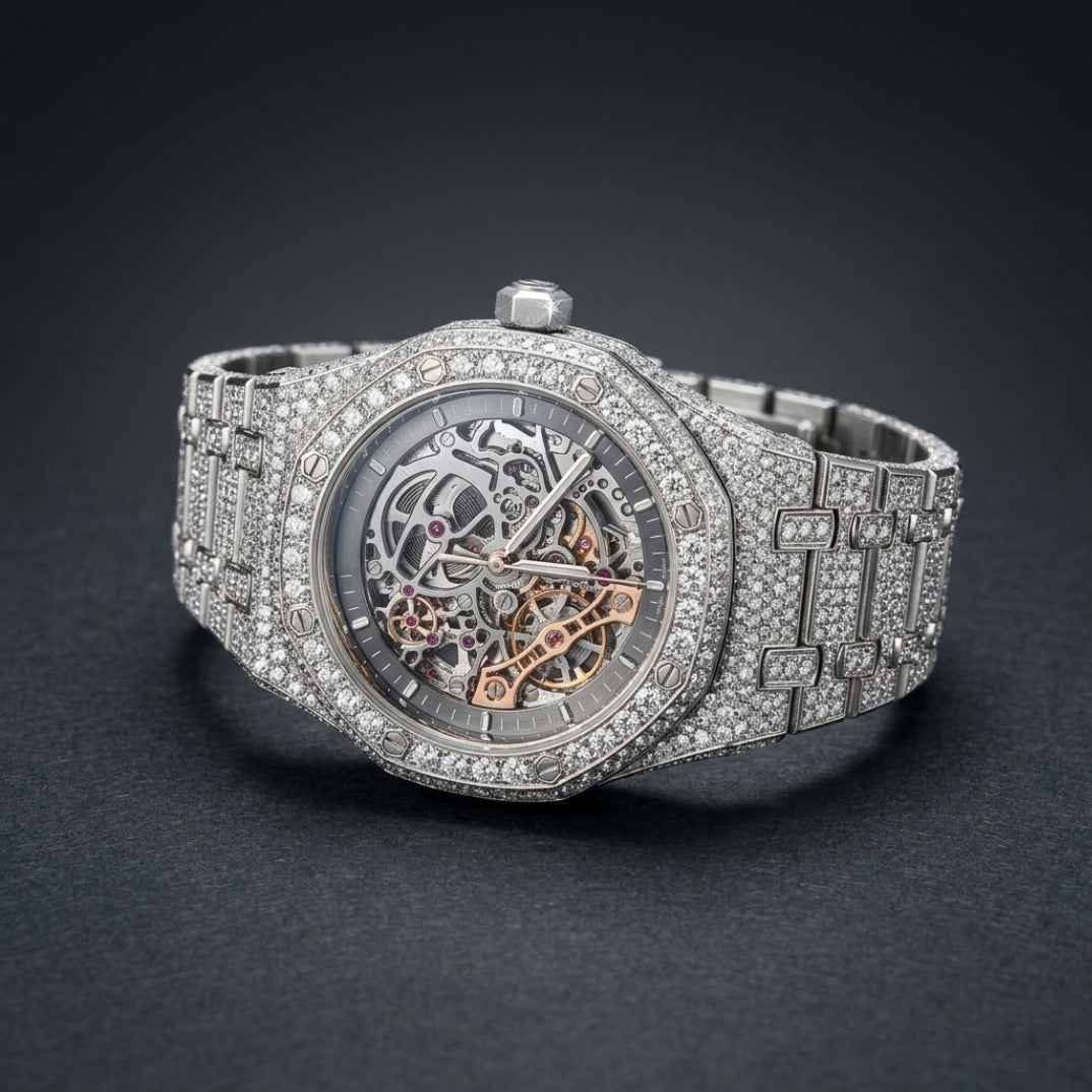 The Octagon Skeletonized Bustdown Timepiece — Openworked Movement Paved in Ice