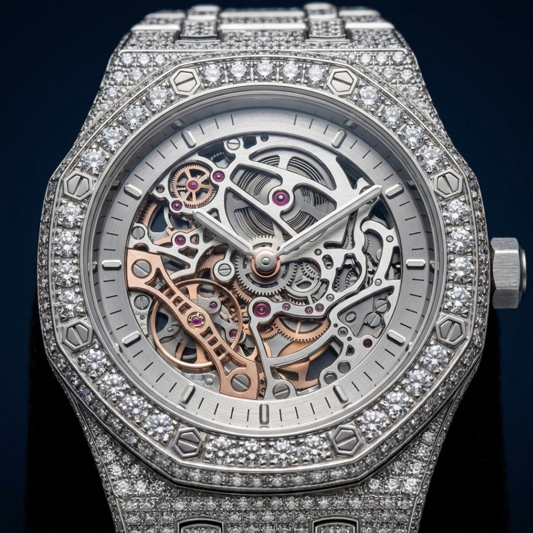The Octagon Skeletonized Bustdown Timepiece — Openworked Movement Paved in Ice