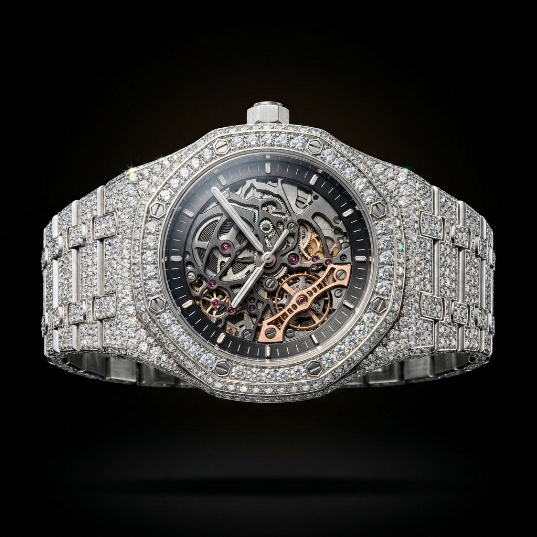 The Octagon Skeletonized Bustdown Timepiece — Openworked Movement Paved in Ice