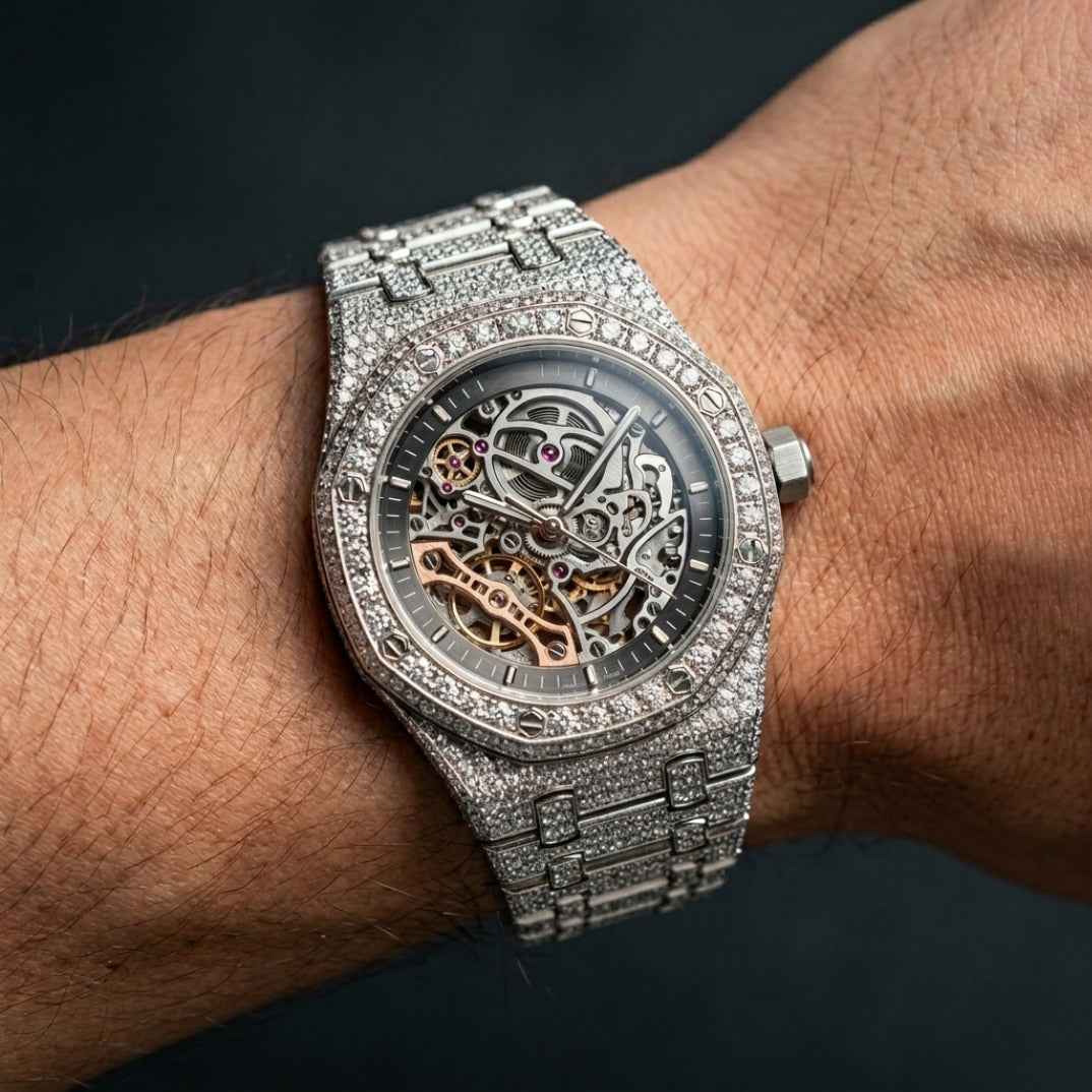 The Octagon Skeletonized Bustdown Timepiece — Openworked Movement Paved in Ice