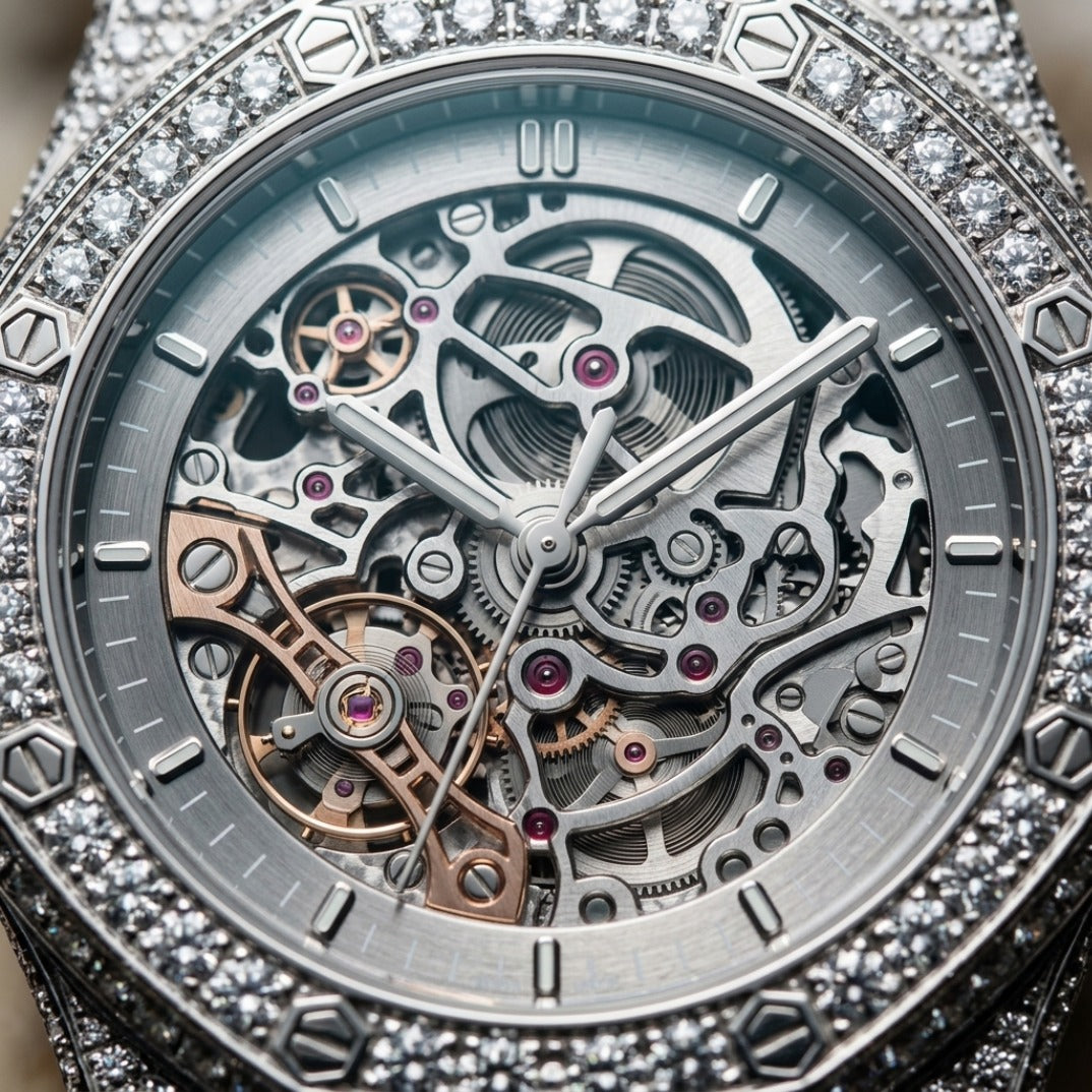 The Octagon Skeletonized Bustdown Timepiece — Openworked Movement Paved in Ice