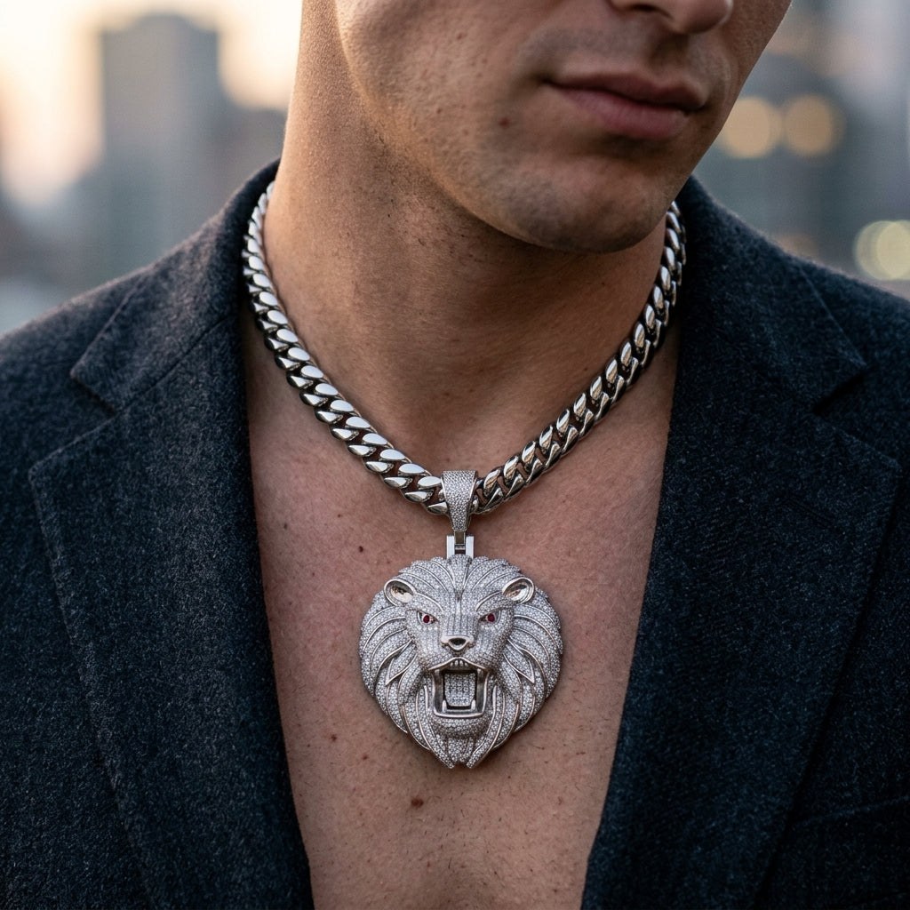 Silver Moissanite Lion Pendant – Roaring Lion Statement Necklace, Fully Stone-Set
