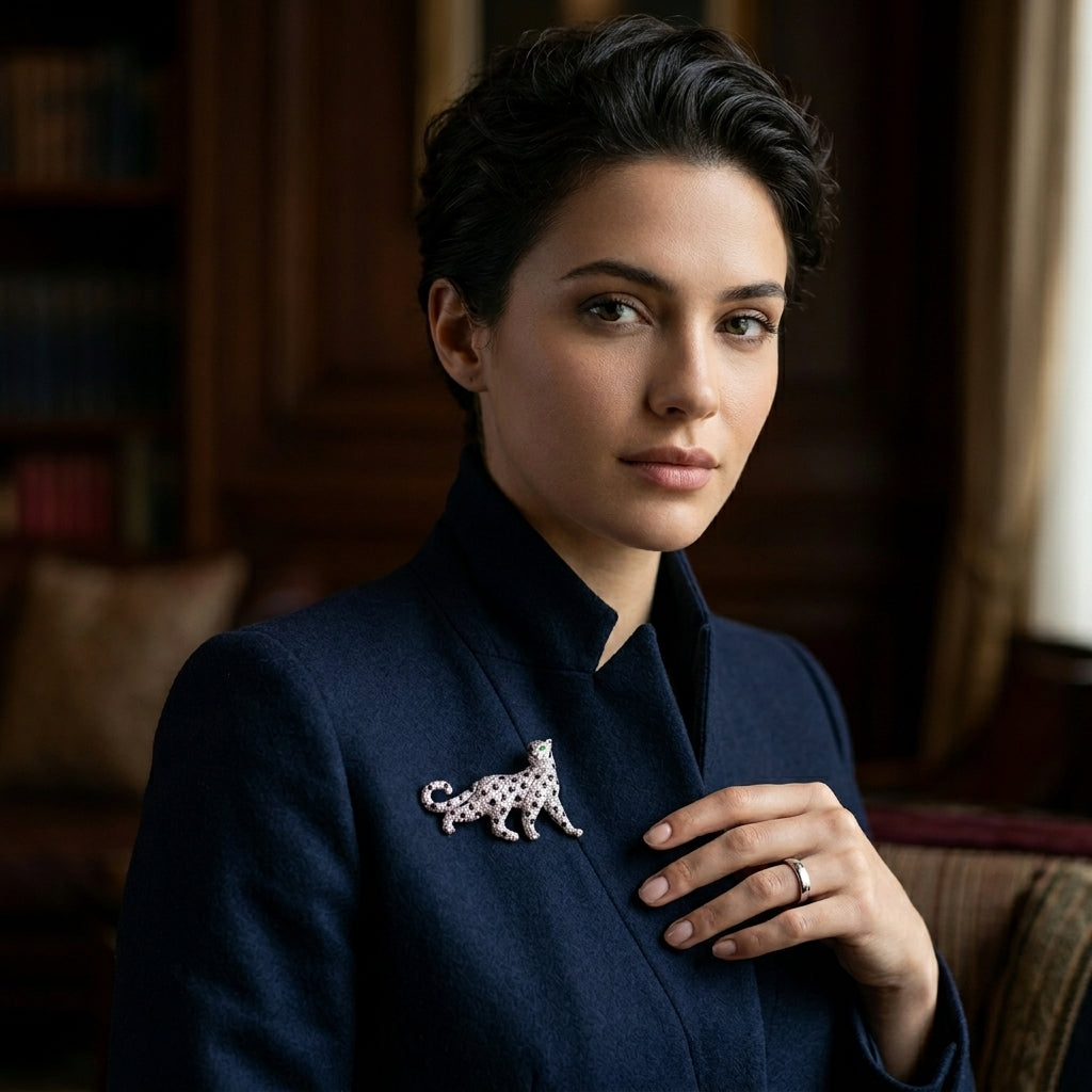 Silver Panther Brooch – Nocturne Moissanite Pin with Stone-Set Detailing