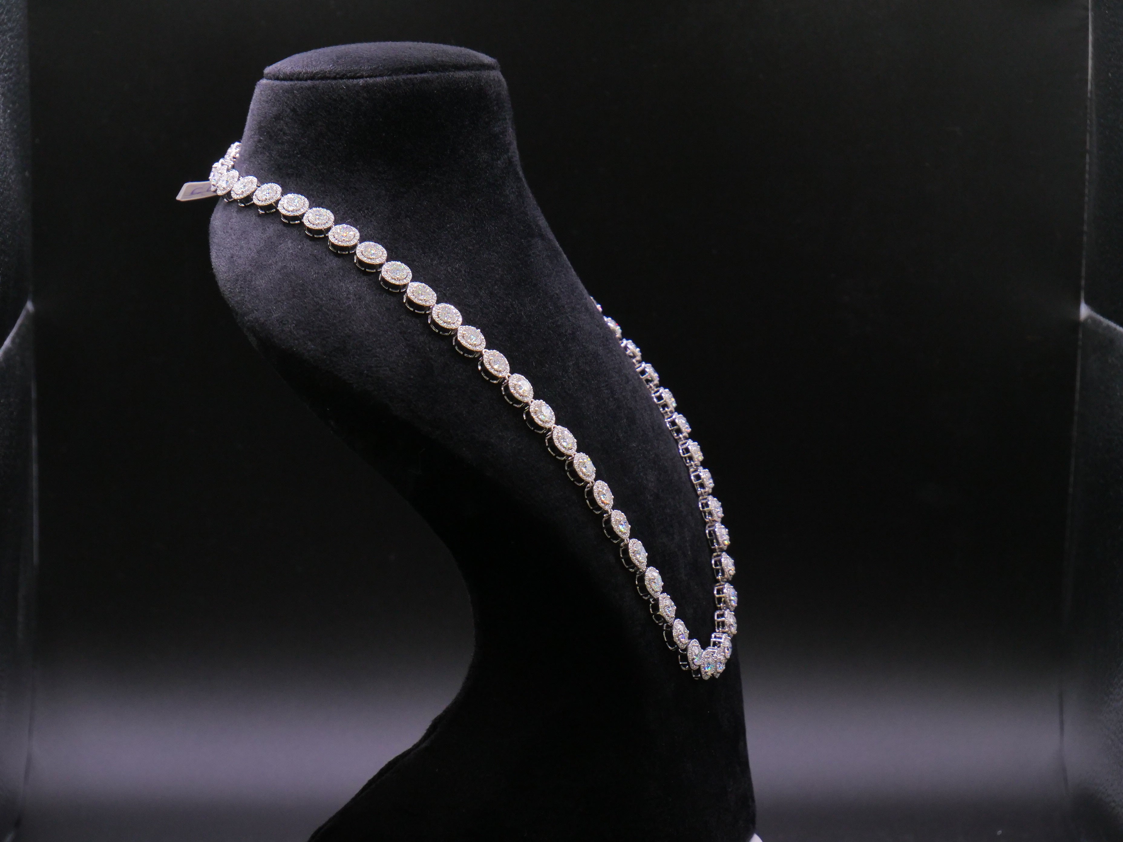 Round Cluster Halo Tennis Necklace In White Gold With Full Pavé CZ Setting