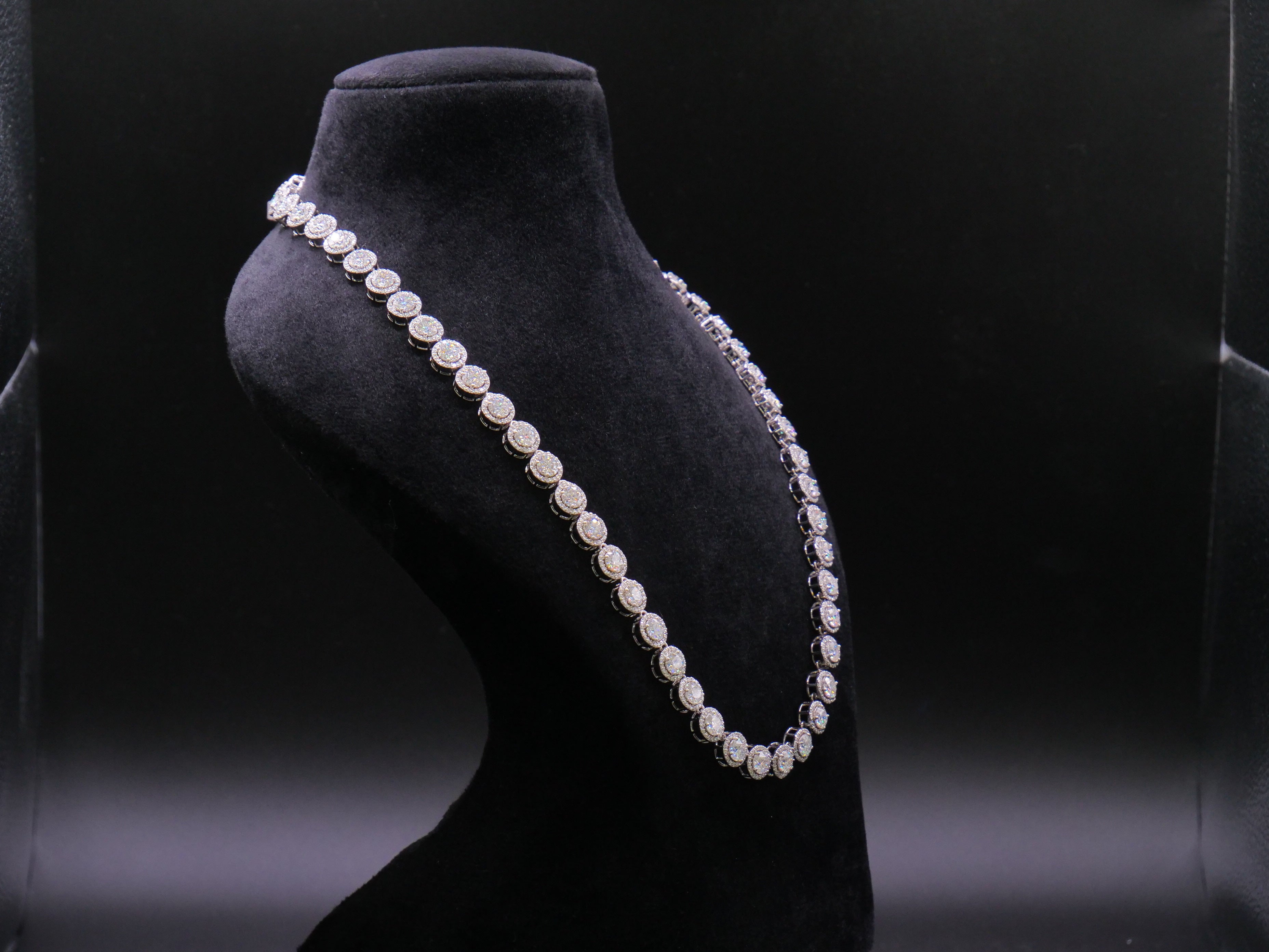 Round Cluster Halo Tennis Necklace In White Gold With Full Pavé CZ Setting