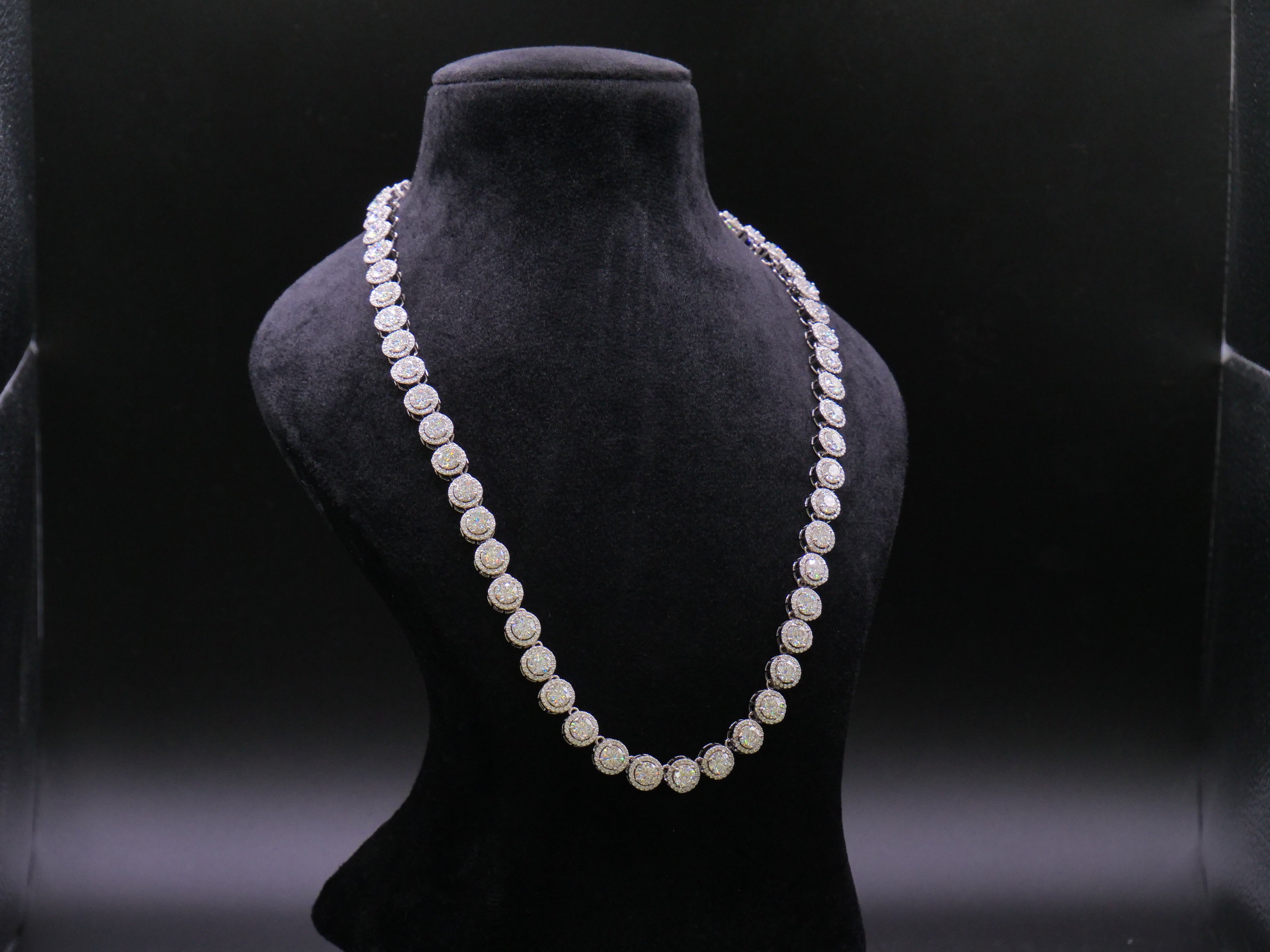 Round Cluster Halo Tennis Necklace In White Gold With Full Pavé CZ Setting
