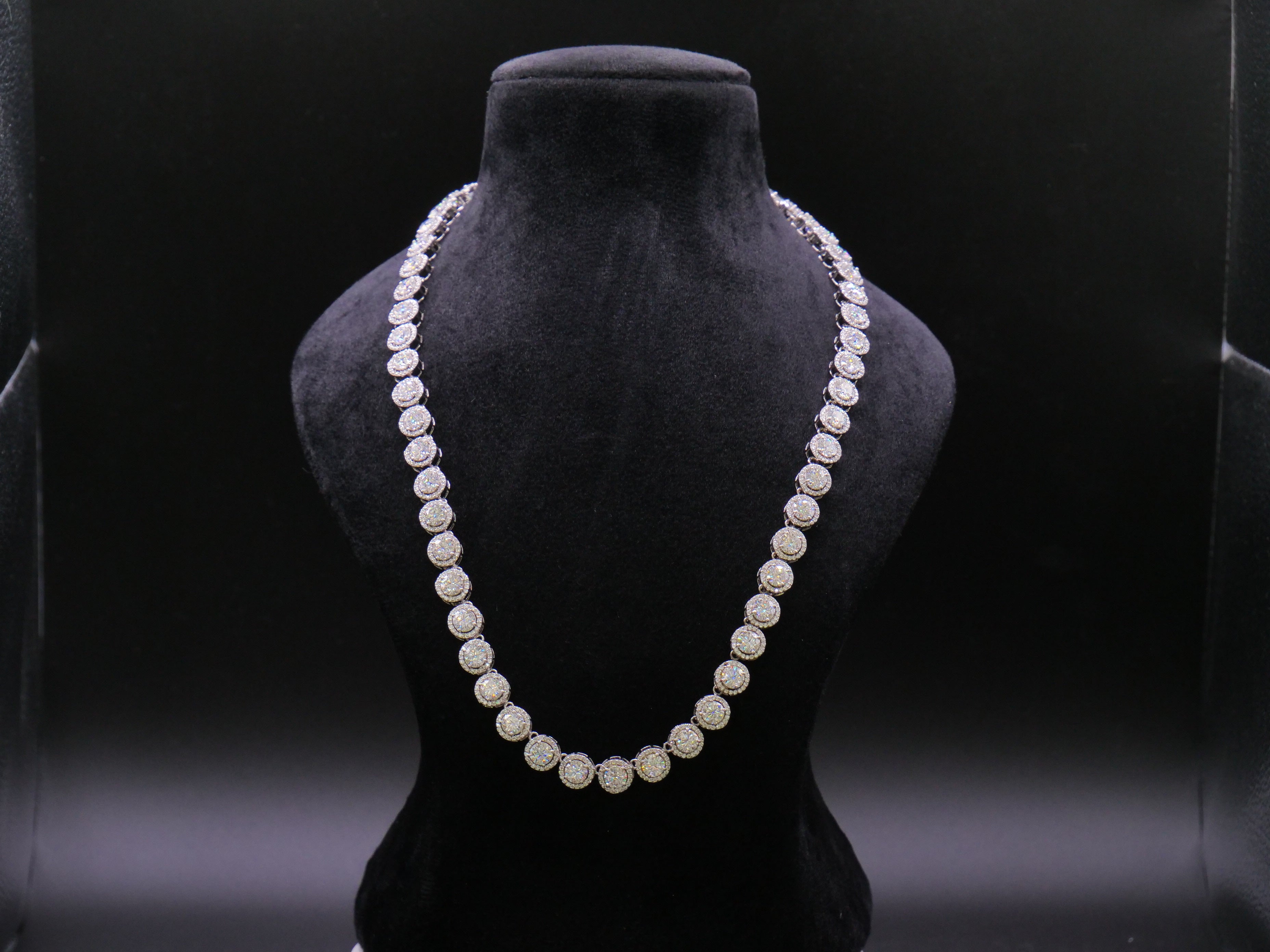 Round Cluster Halo Tennis Necklace In White Gold With Full Pavé CZ Setting