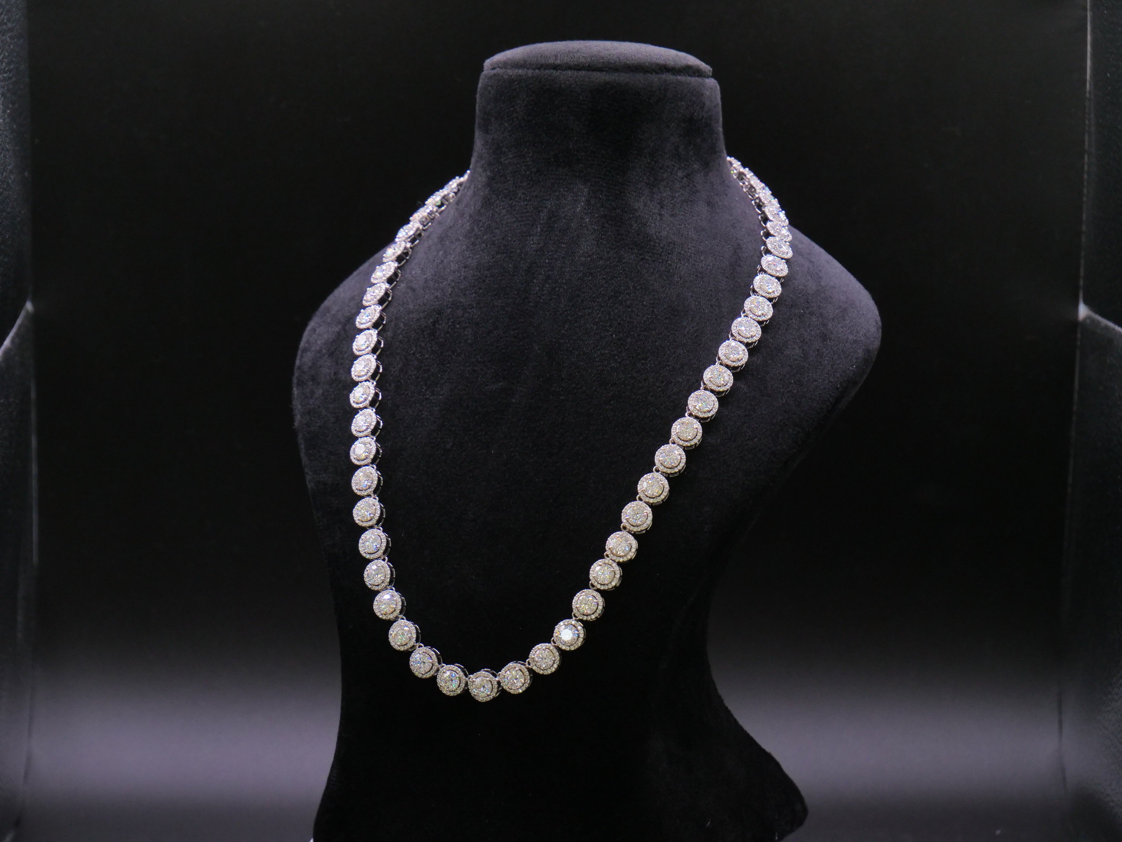 Round Cluster Halo Tennis Necklace In White Gold With Full Pavé CZ Setting