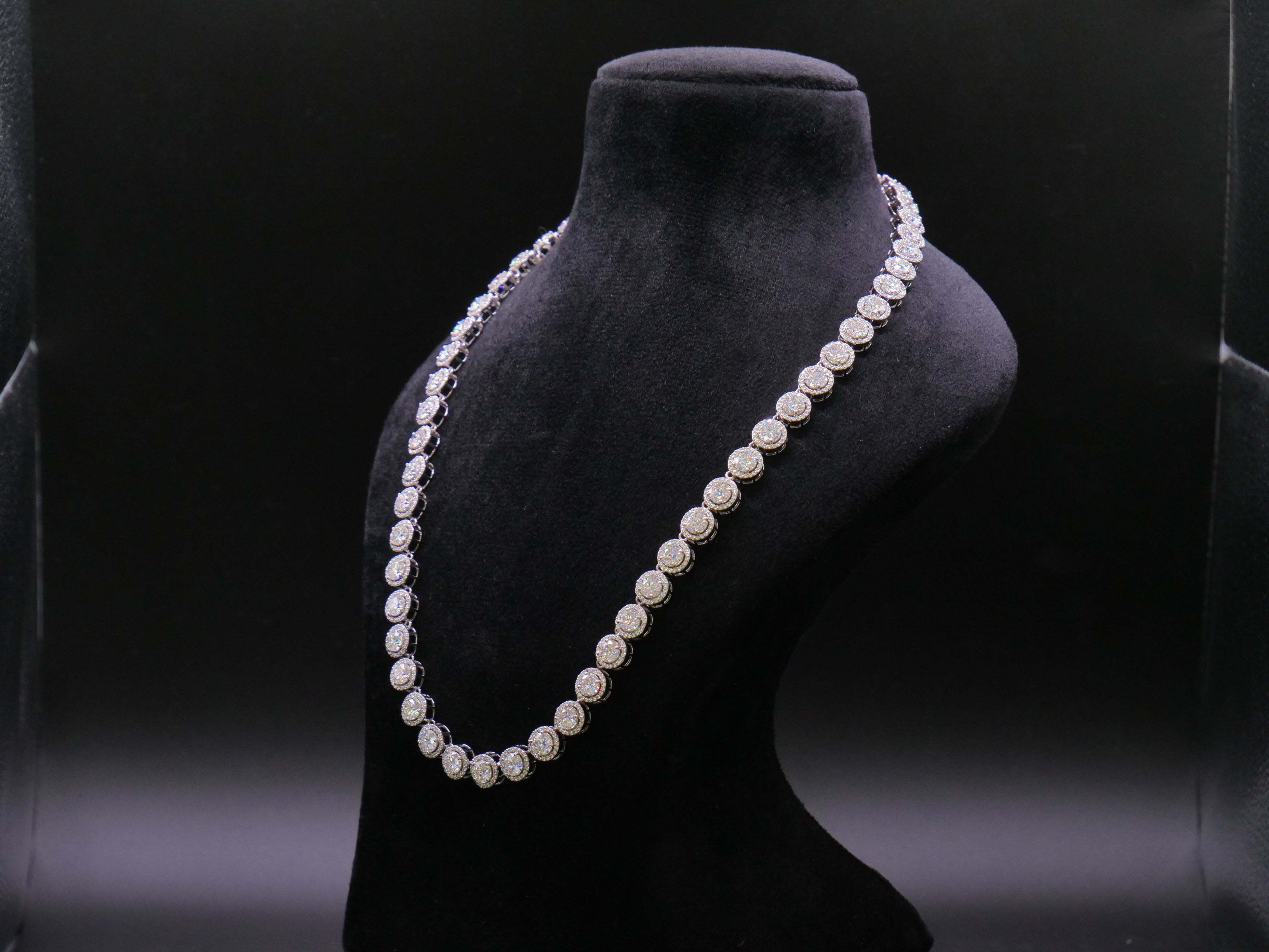 Round Cluster Halo Tennis Necklace In White Gold With Full Pavé CZ Setting