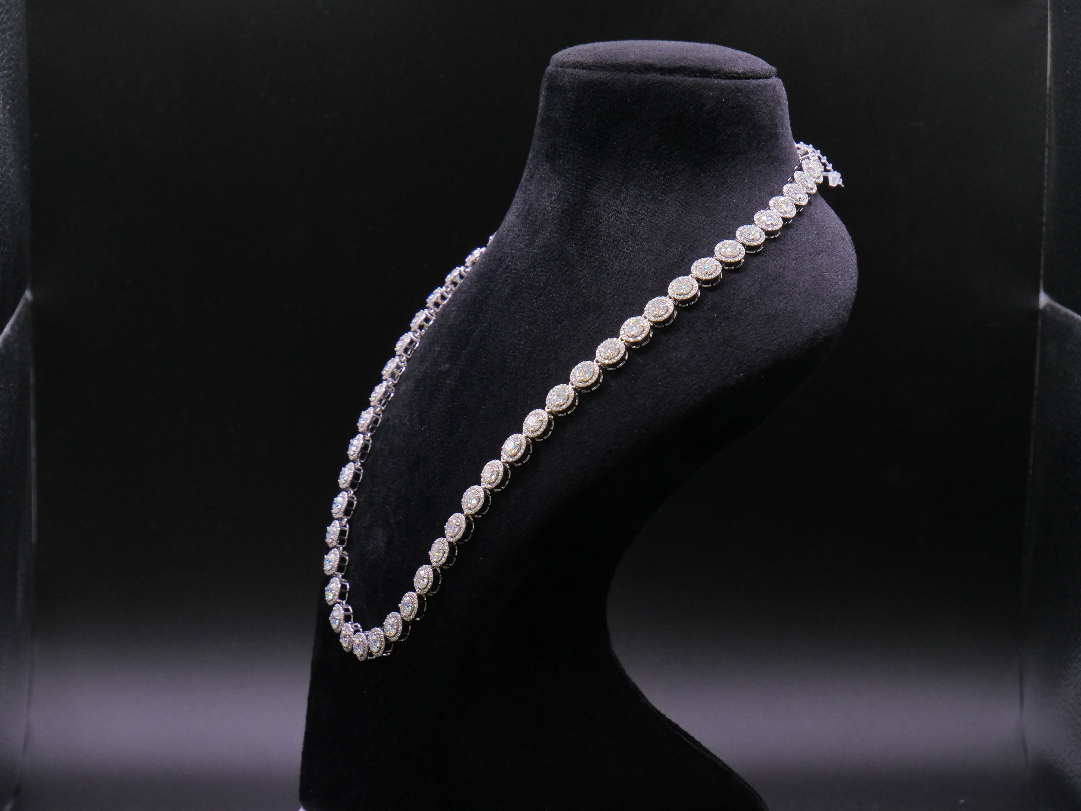 Round Cluster Halo Tennis Necklace In White Gold With Full Pavé CZ Setting