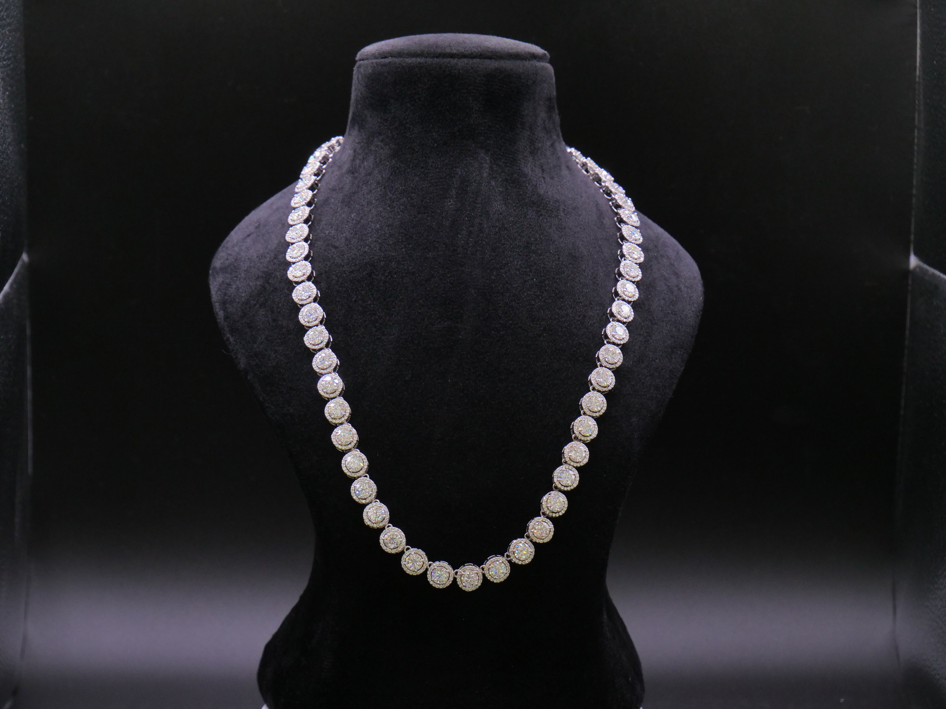 Round Cluster Halo Tennis Necklace In White Gold With Full Pavé CZ Setting