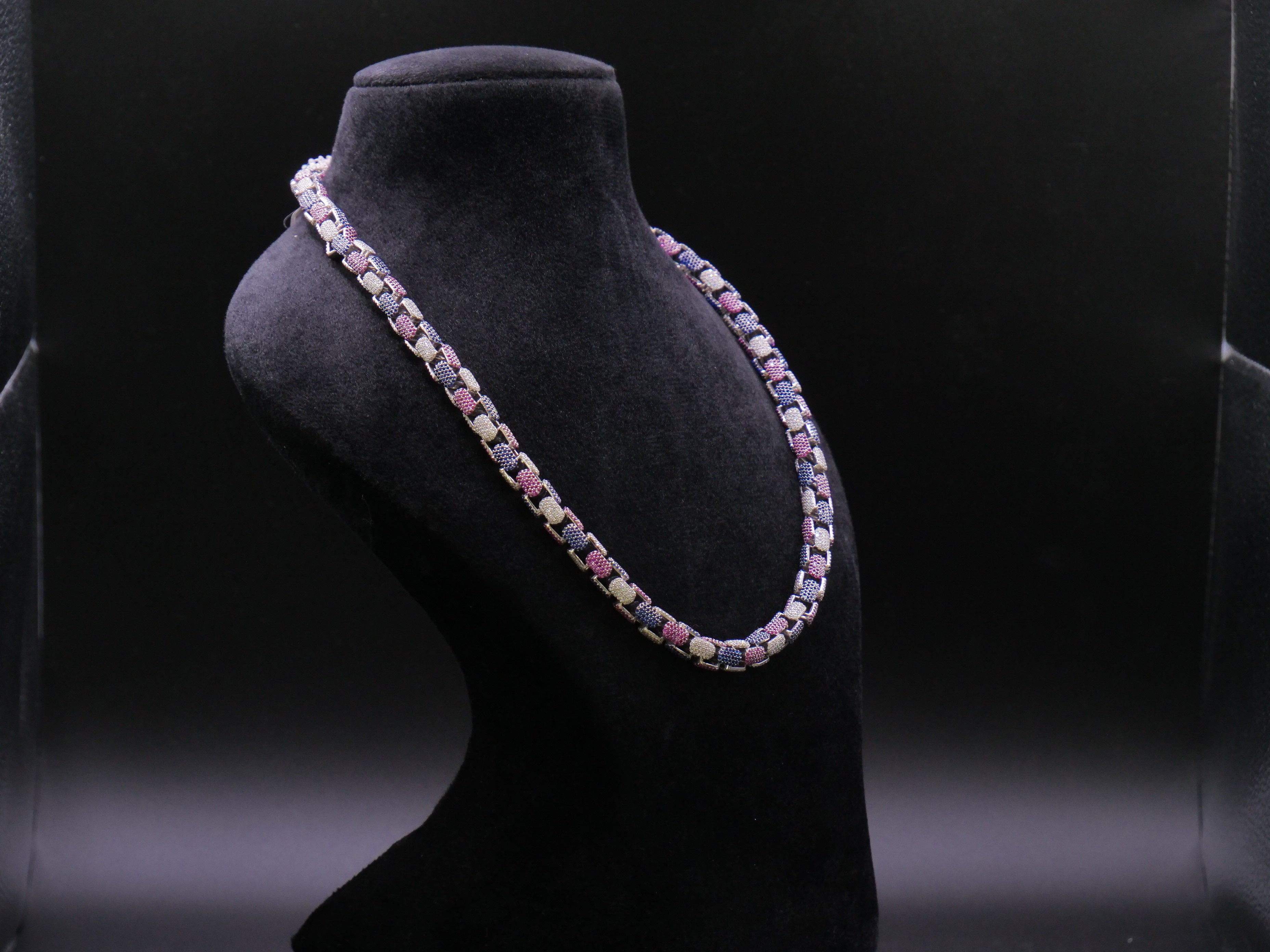 Multi-Color Pavé Box-Link Statement Chain Necklace In Pink Blue & White