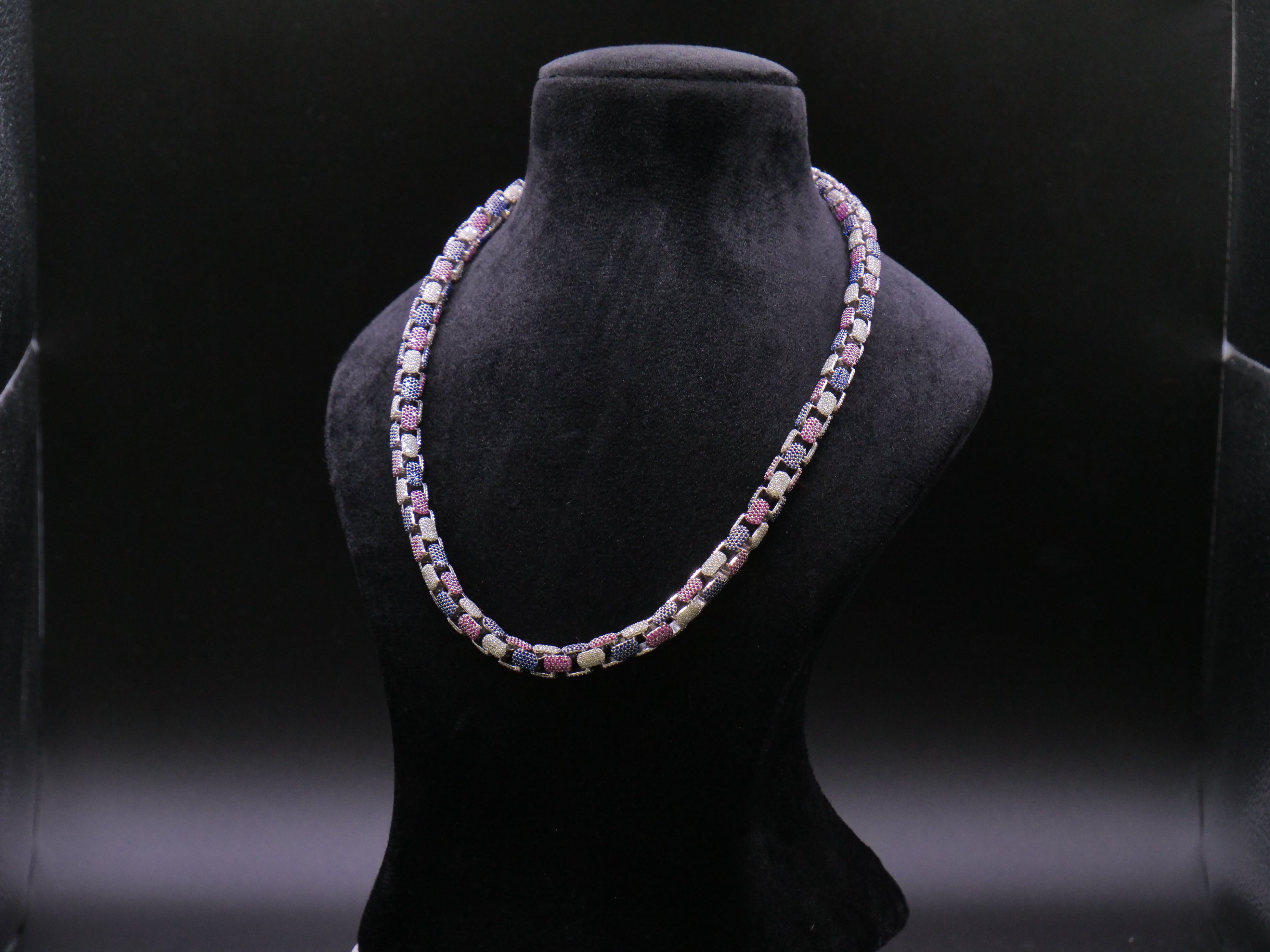 Multi-Color Pavé Box-Link Statement Chain Necklace In Pink Blue & White