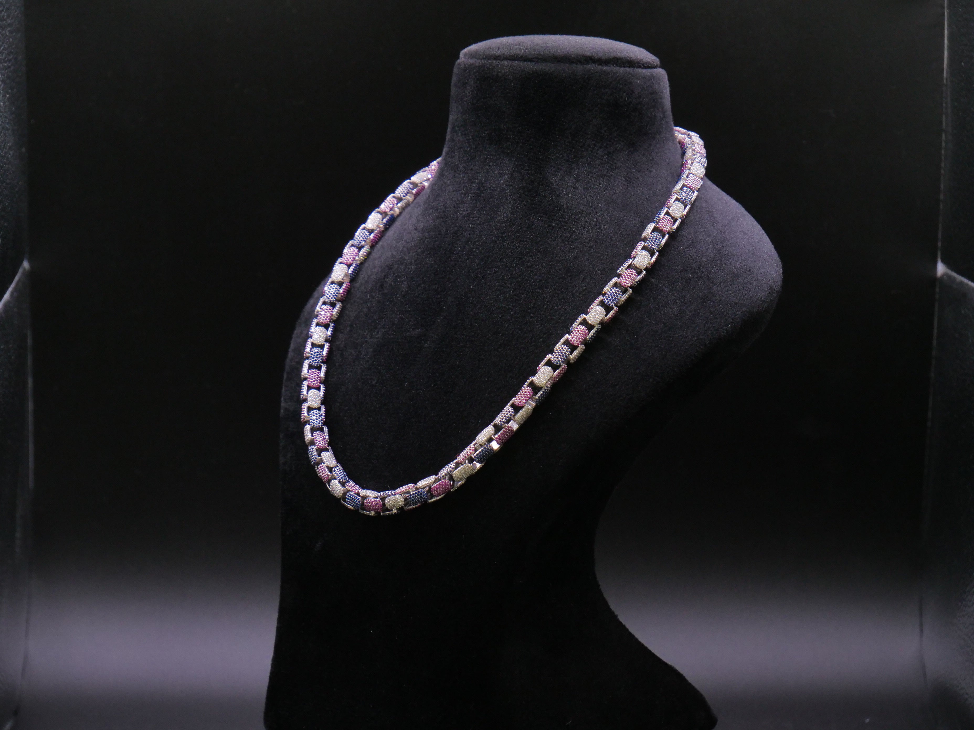 Multi-Color Pavé Box-Link Statement Chain Necklace In Pink Blue & White
