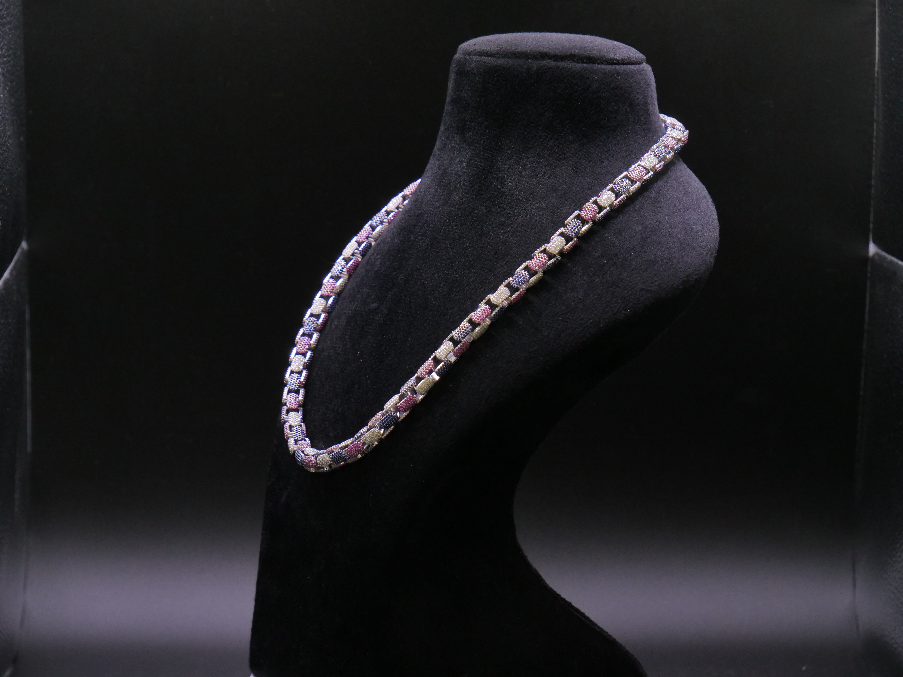 Multi-Color Pavé Box-Link Statement Chain Necklace In Pink Blue & White