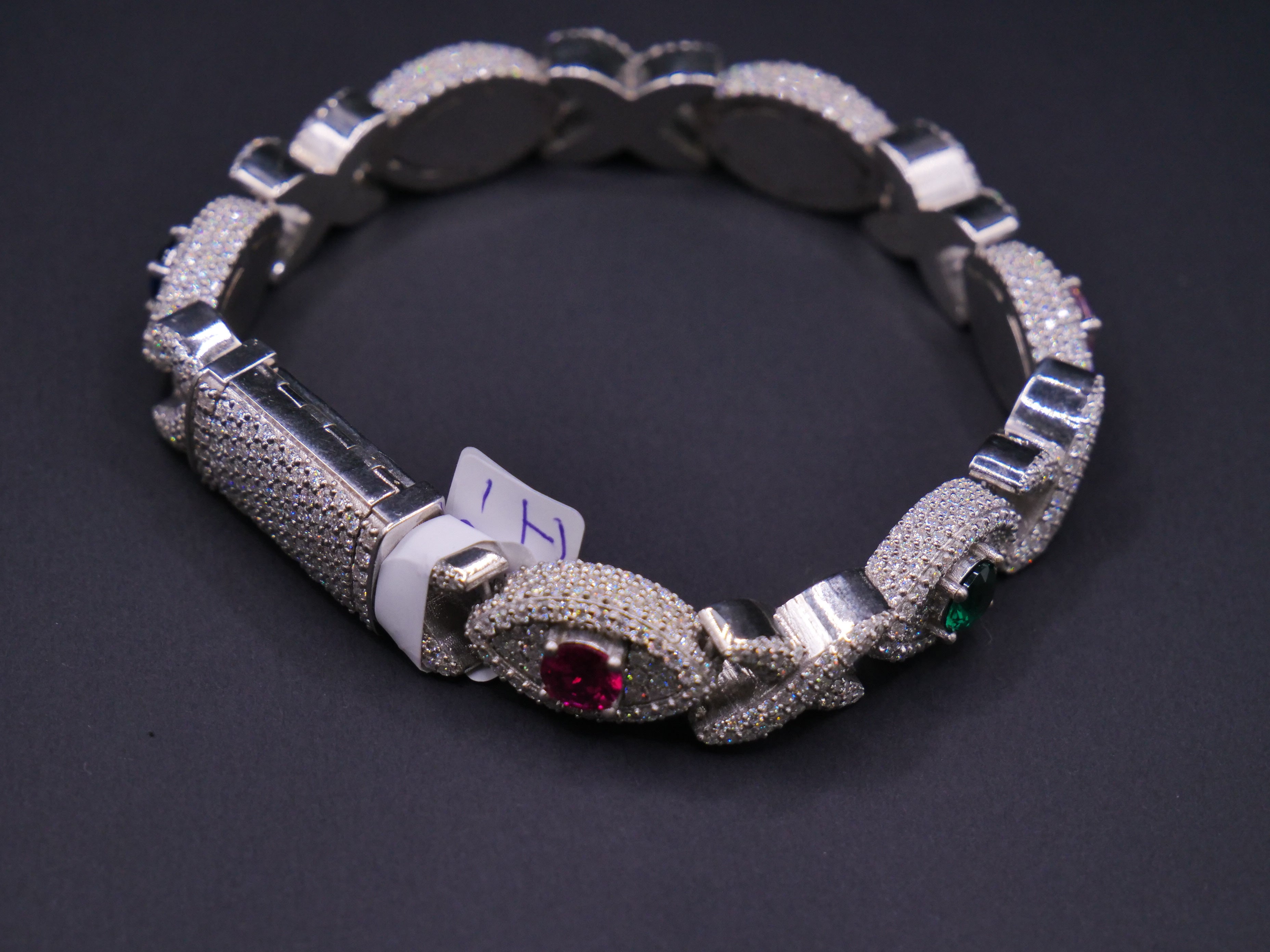 Iced Out Cuban Link Bracelet In Silver With Full Pavé CZ & Multicolour Gemstone Accents