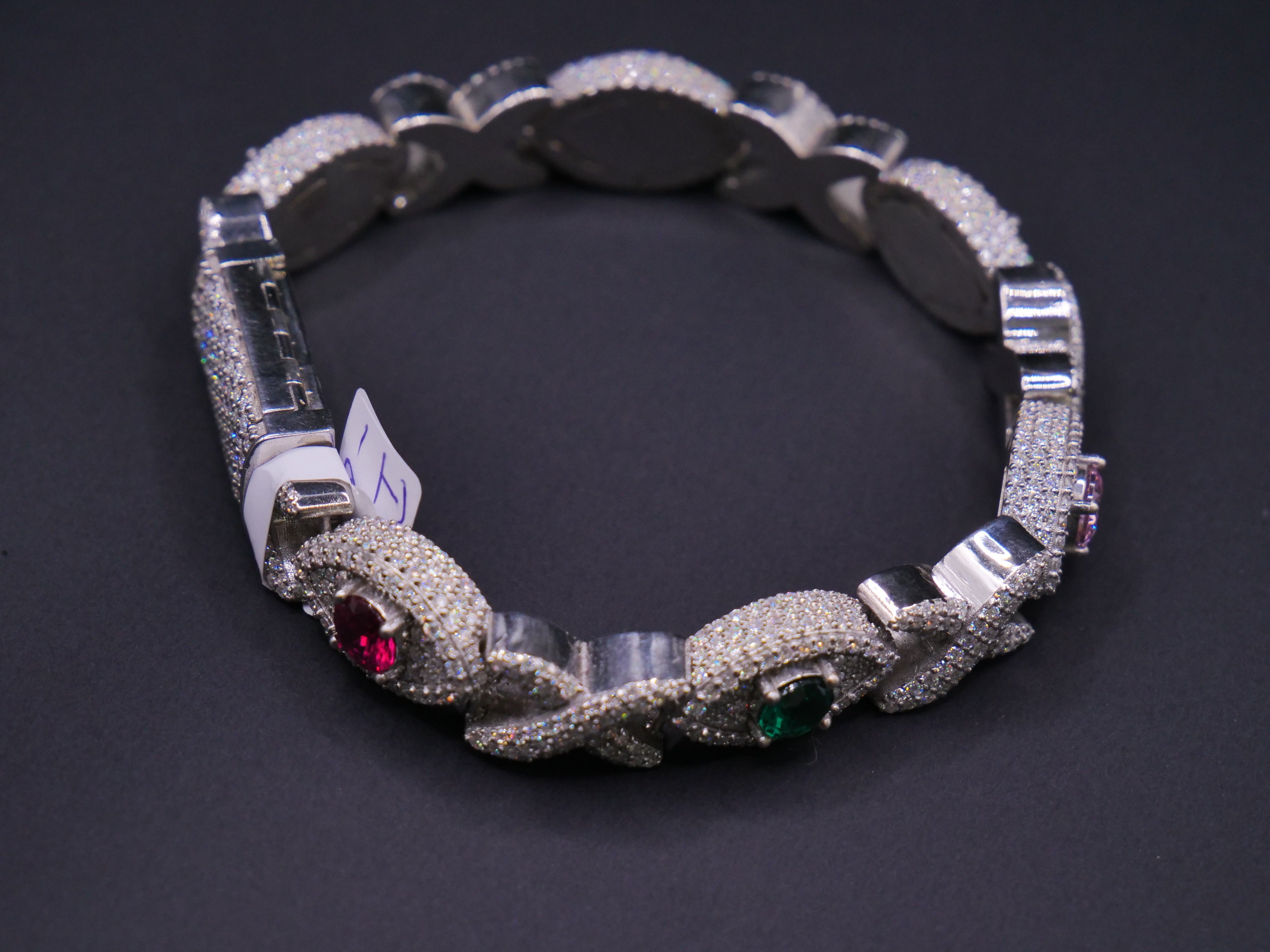 Iced Out Cuban Link Bracelet In Silver With Full Pavé CZ & Multicolour Gemstone Accents