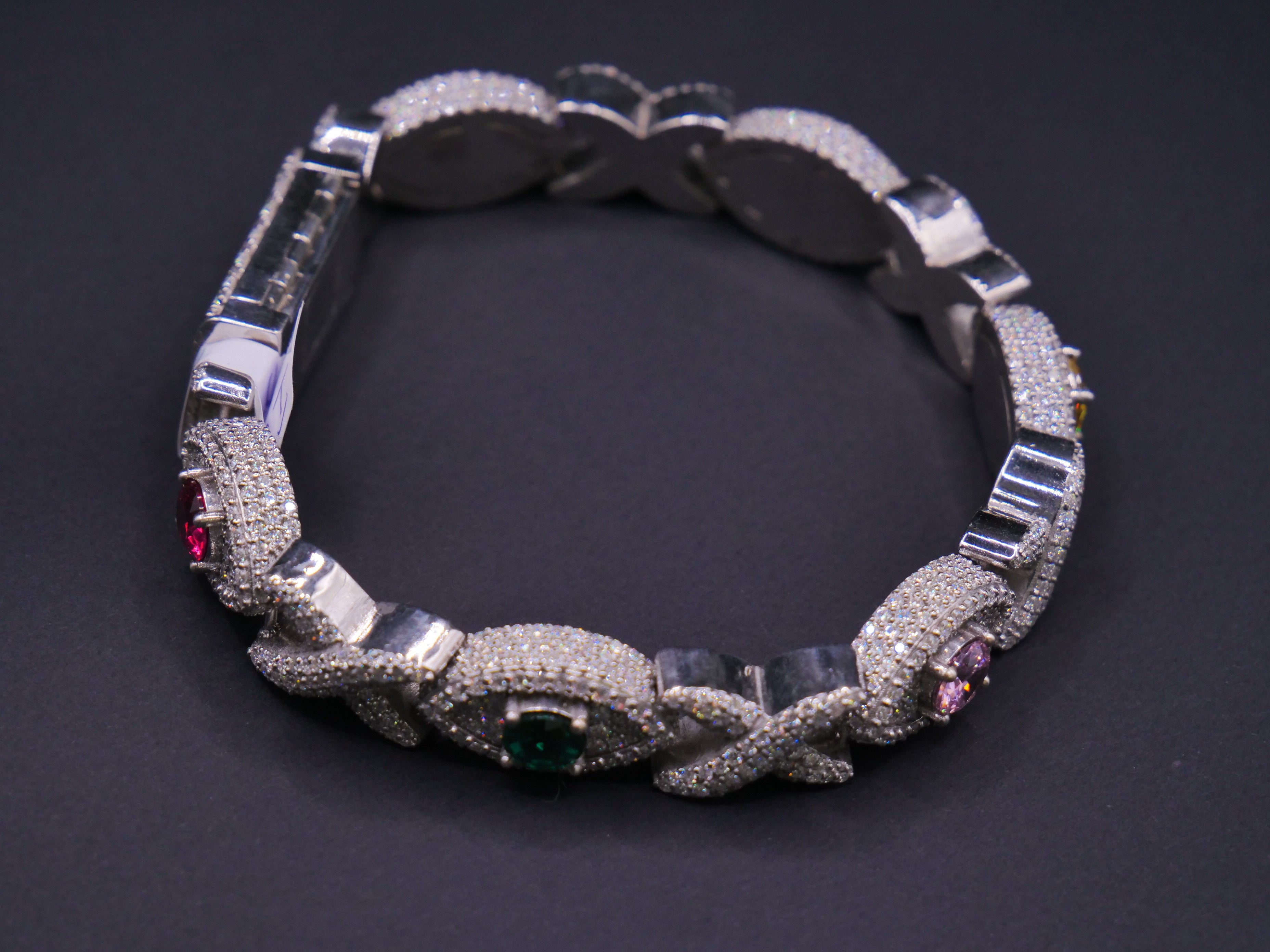 Iced Out Cuban Link Bracelet In Silver With Full Pavé CZ & Multicolour Gemstone Accents