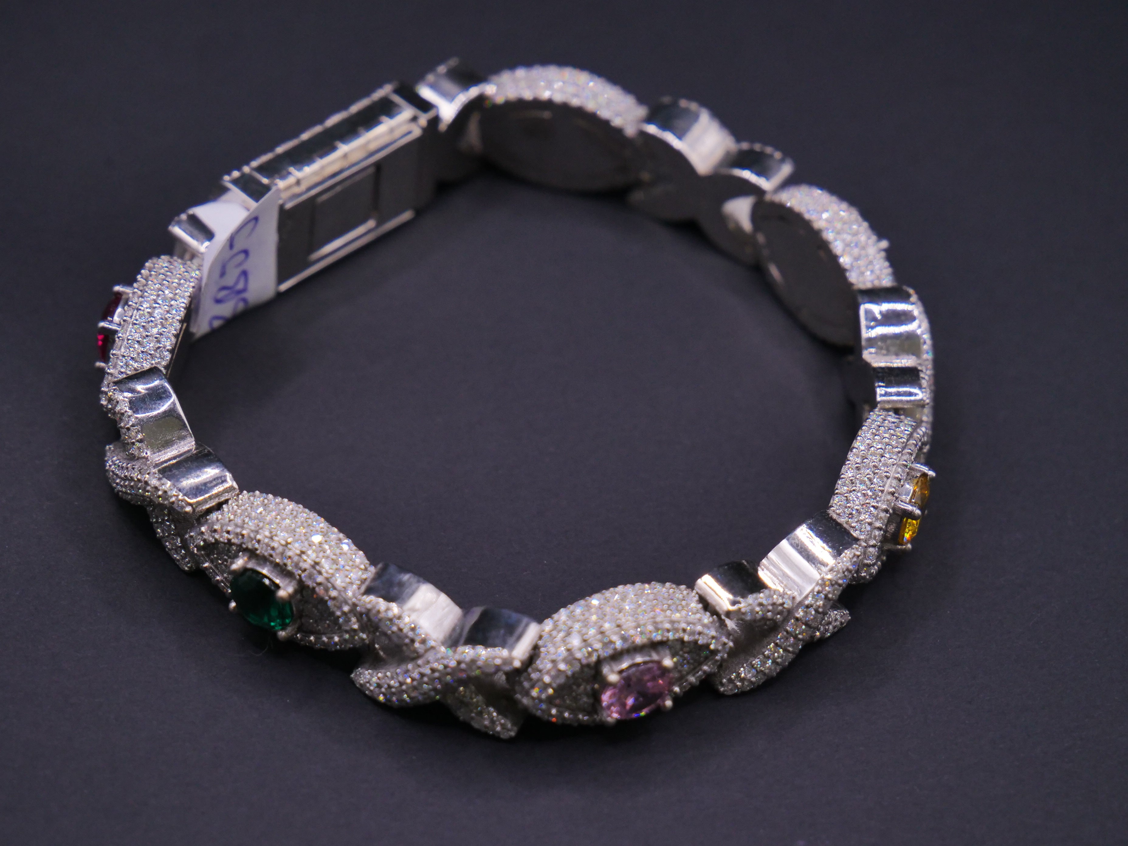 Iced Out Cuban Link Bracelet In Silver With Full Pavé CZ & Multicolour Gemstone Accents