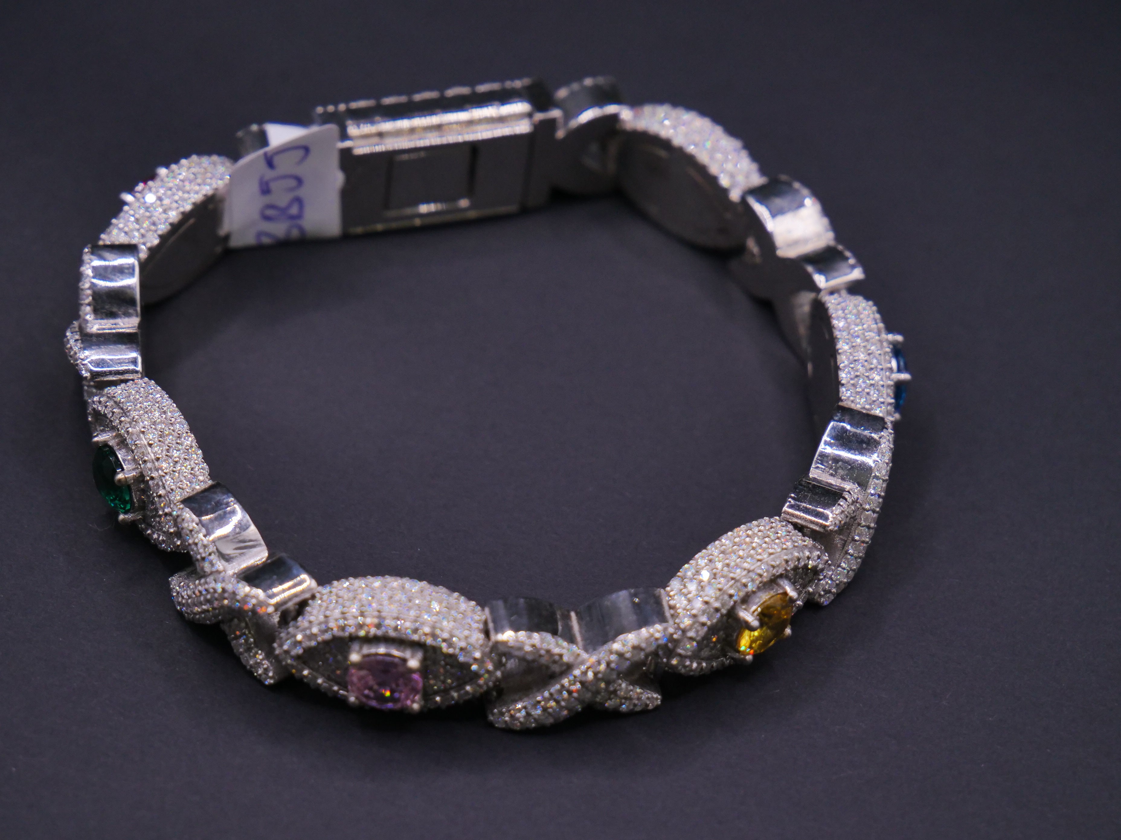 Iced Out Cuban Link Bracelet In Silver With Full Pavé CZ & Multicolour Gemstone Accents