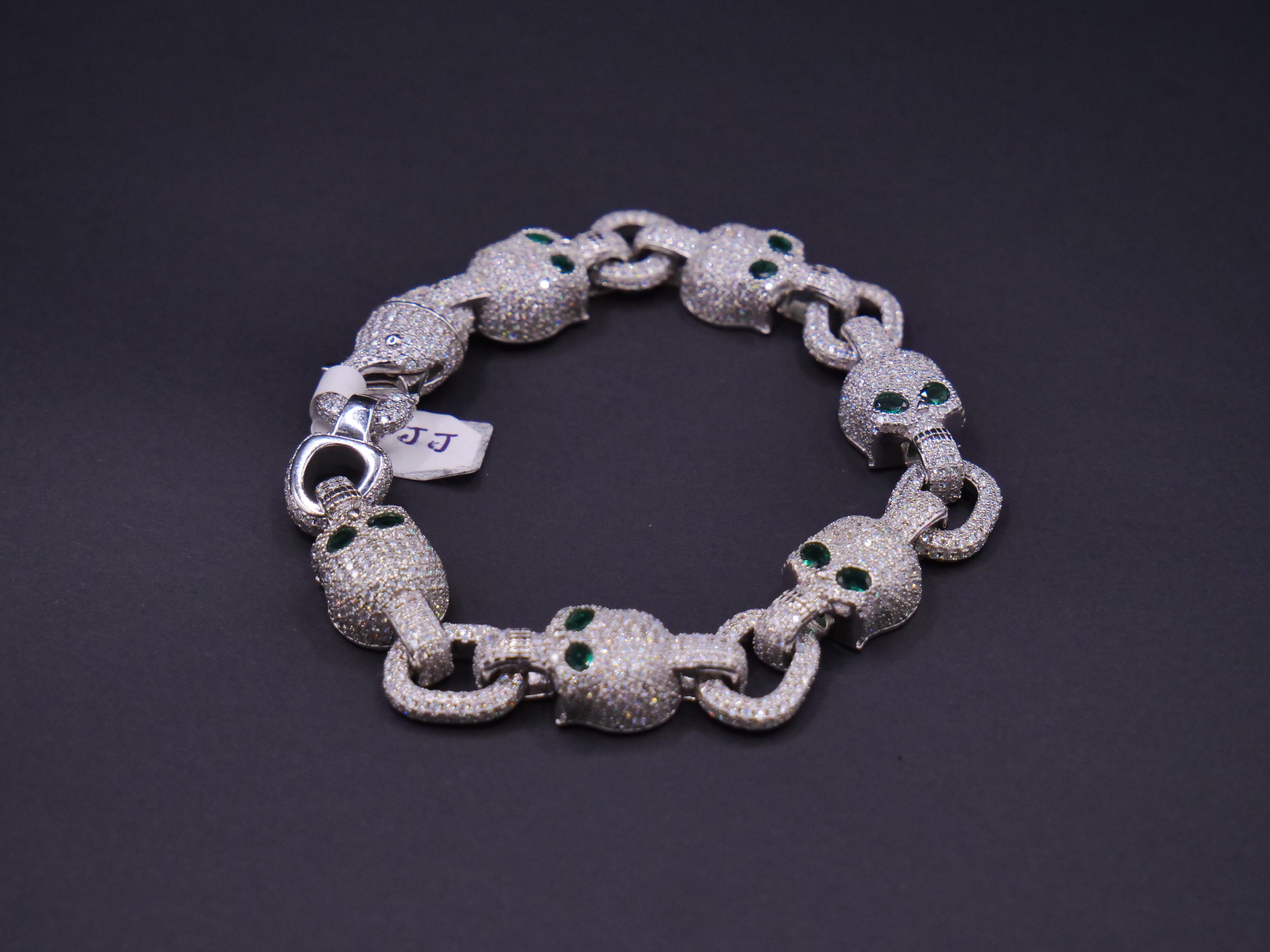 Iced Out Skull Link Bracelet In Silver With Full Pavé CZ & Emerald Eyes