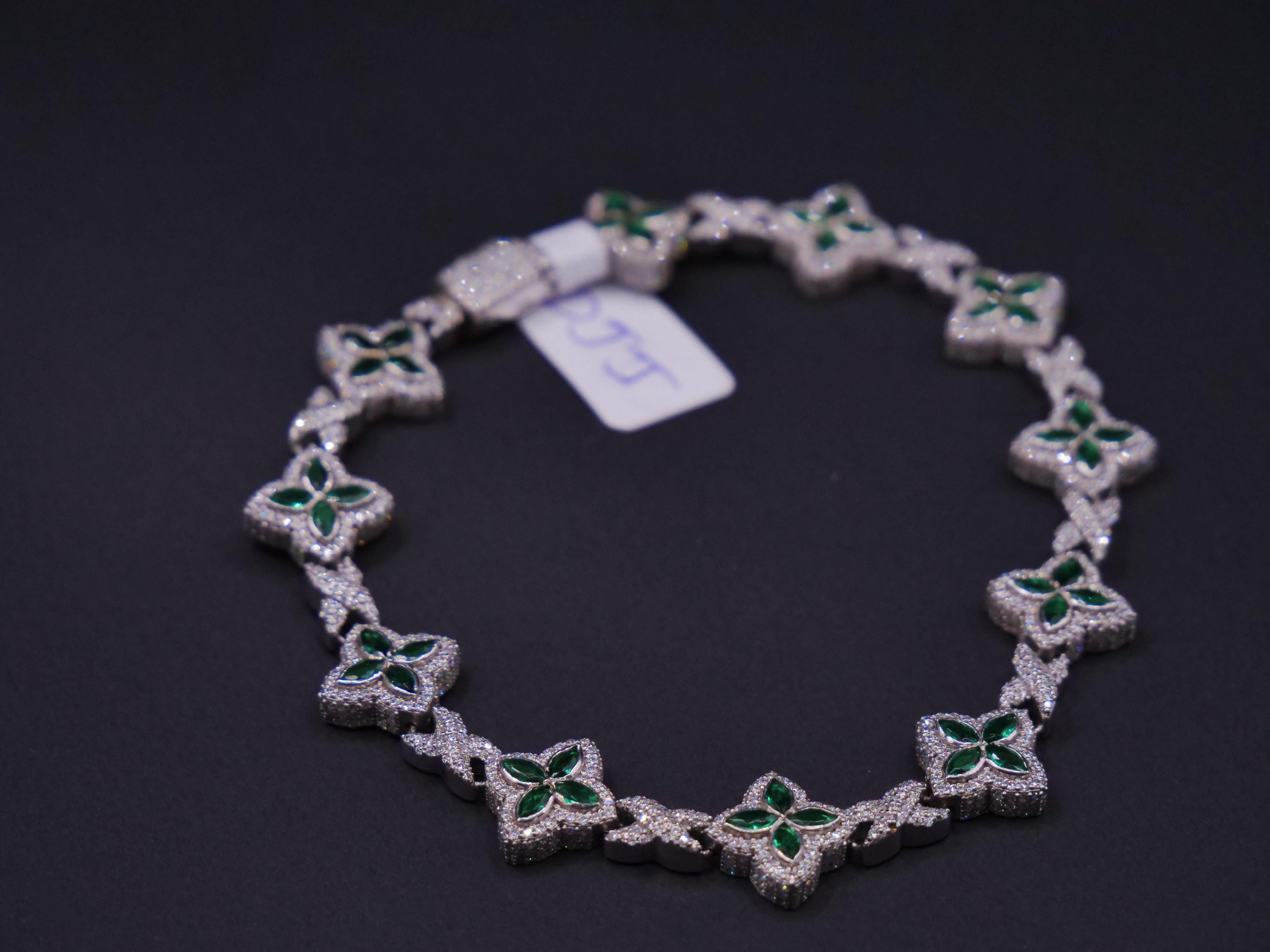 Emerald & Pavé Four-Petal Floral Link Tennis Bracelet In Silver