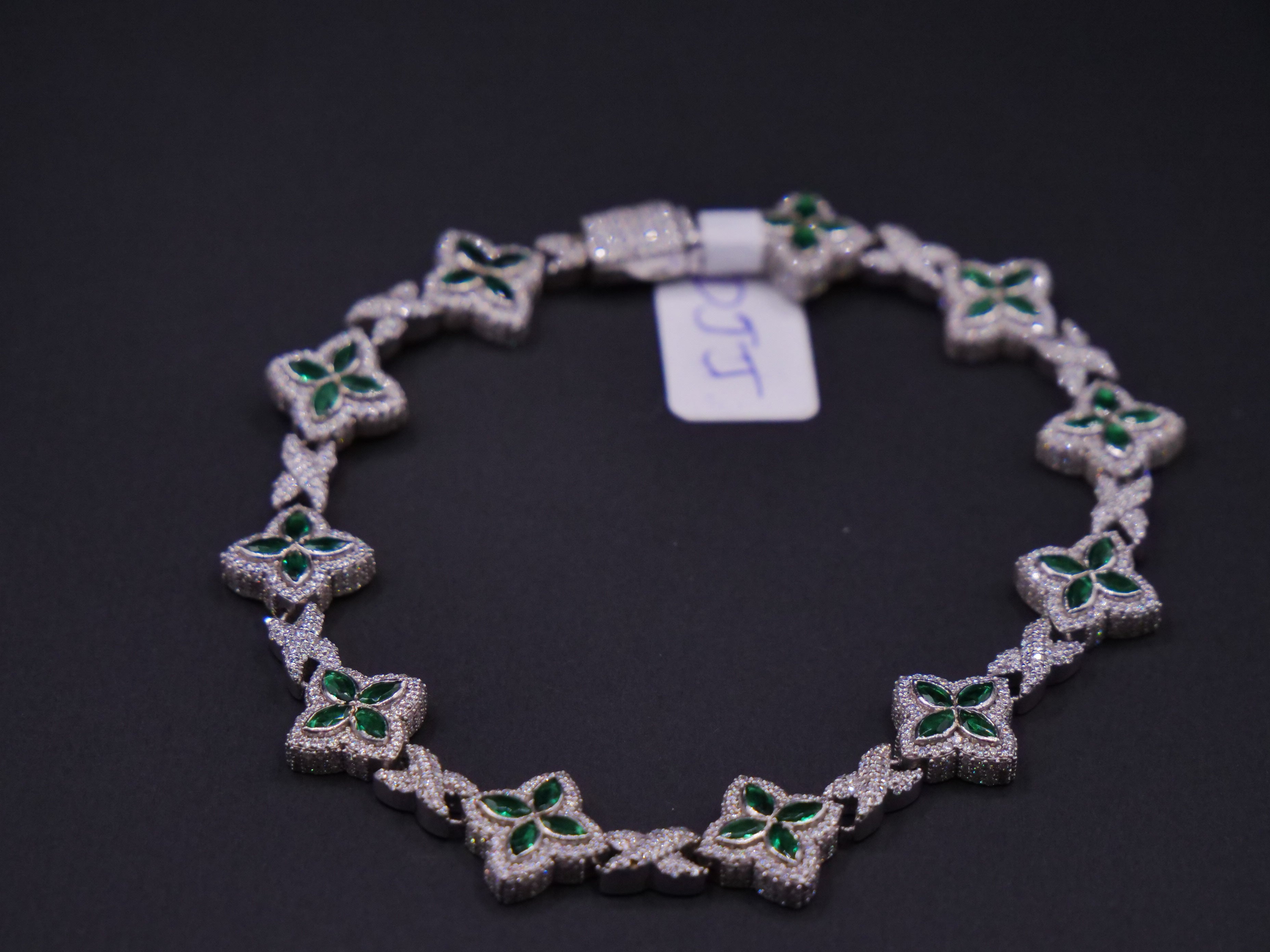 Emerald & Pavé Four-Petal Floral Link Tennis Bracelet In Silver