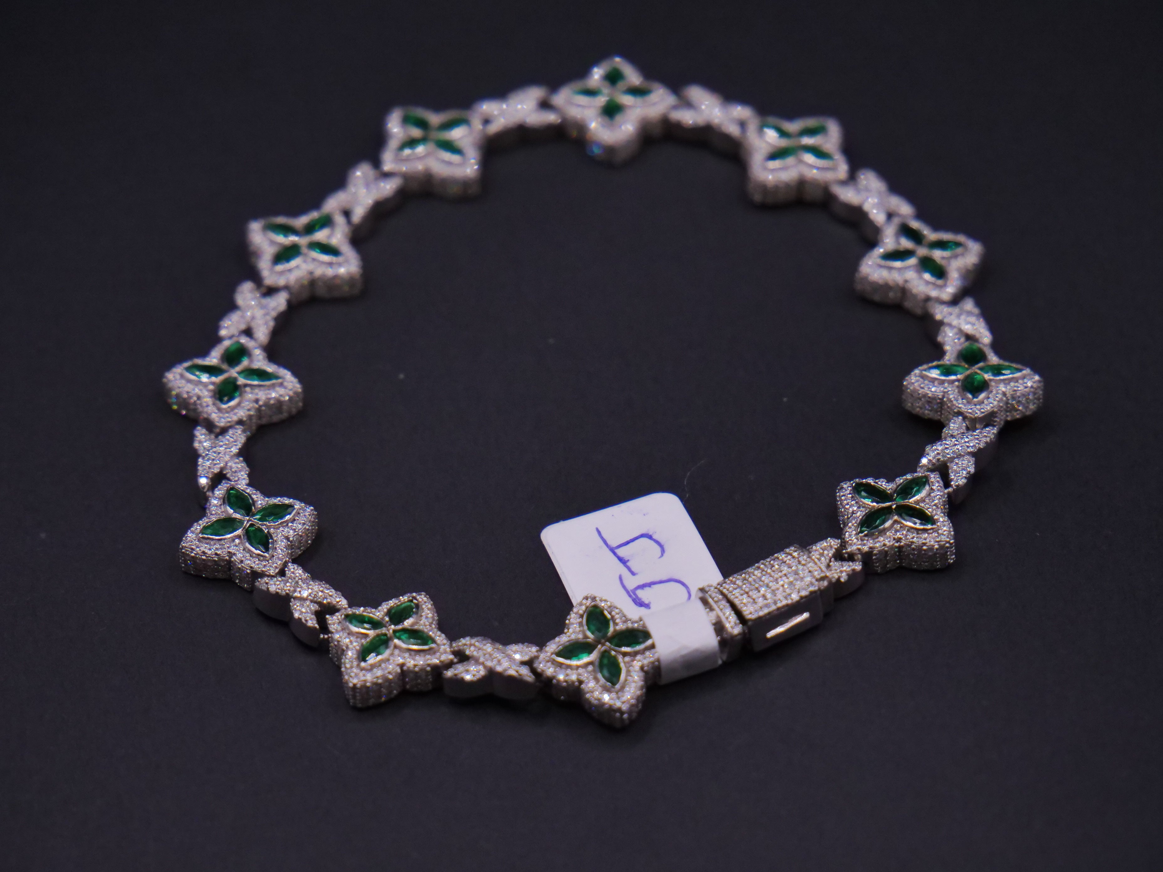 Emerald & Pavé Four-Petal Floral Link Tennis Bracelet In Silver