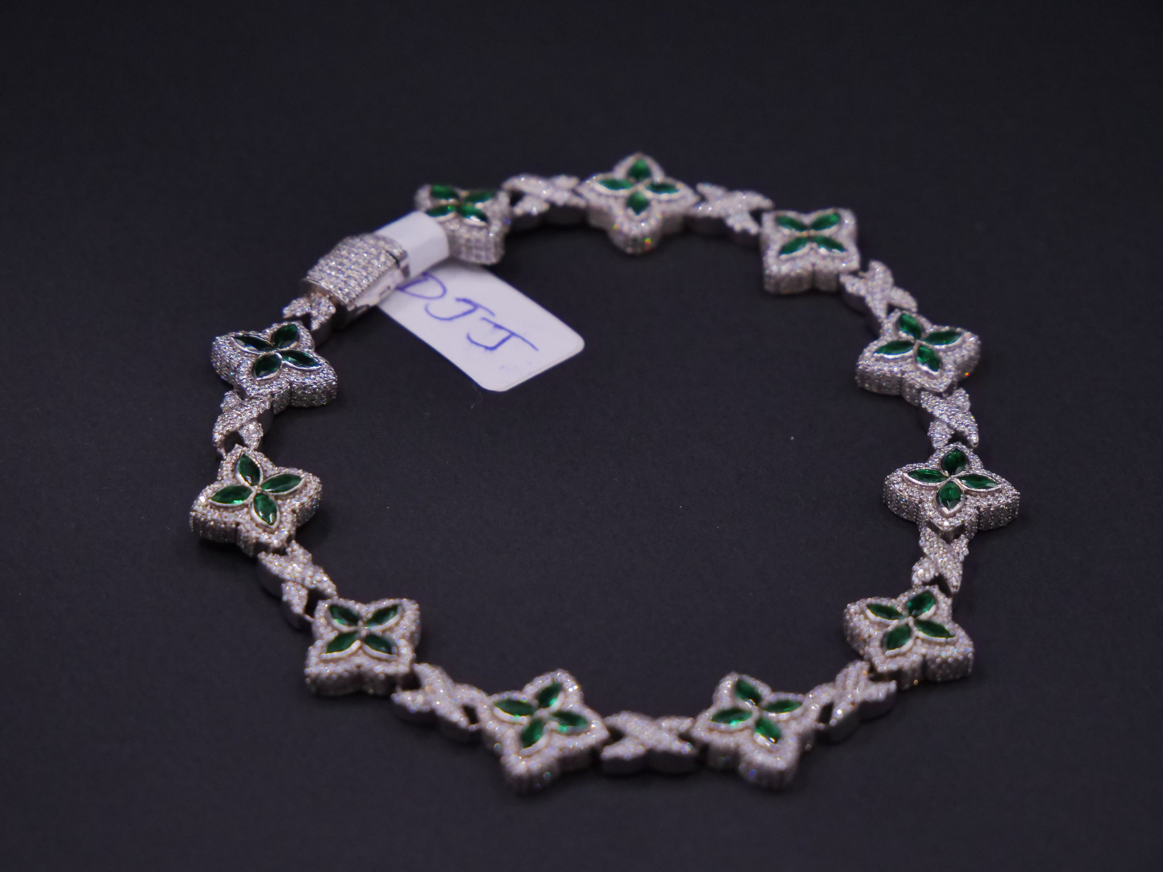 Emerald & Pavé Four-Petal Floral Link Tennis Bracelet In Silver