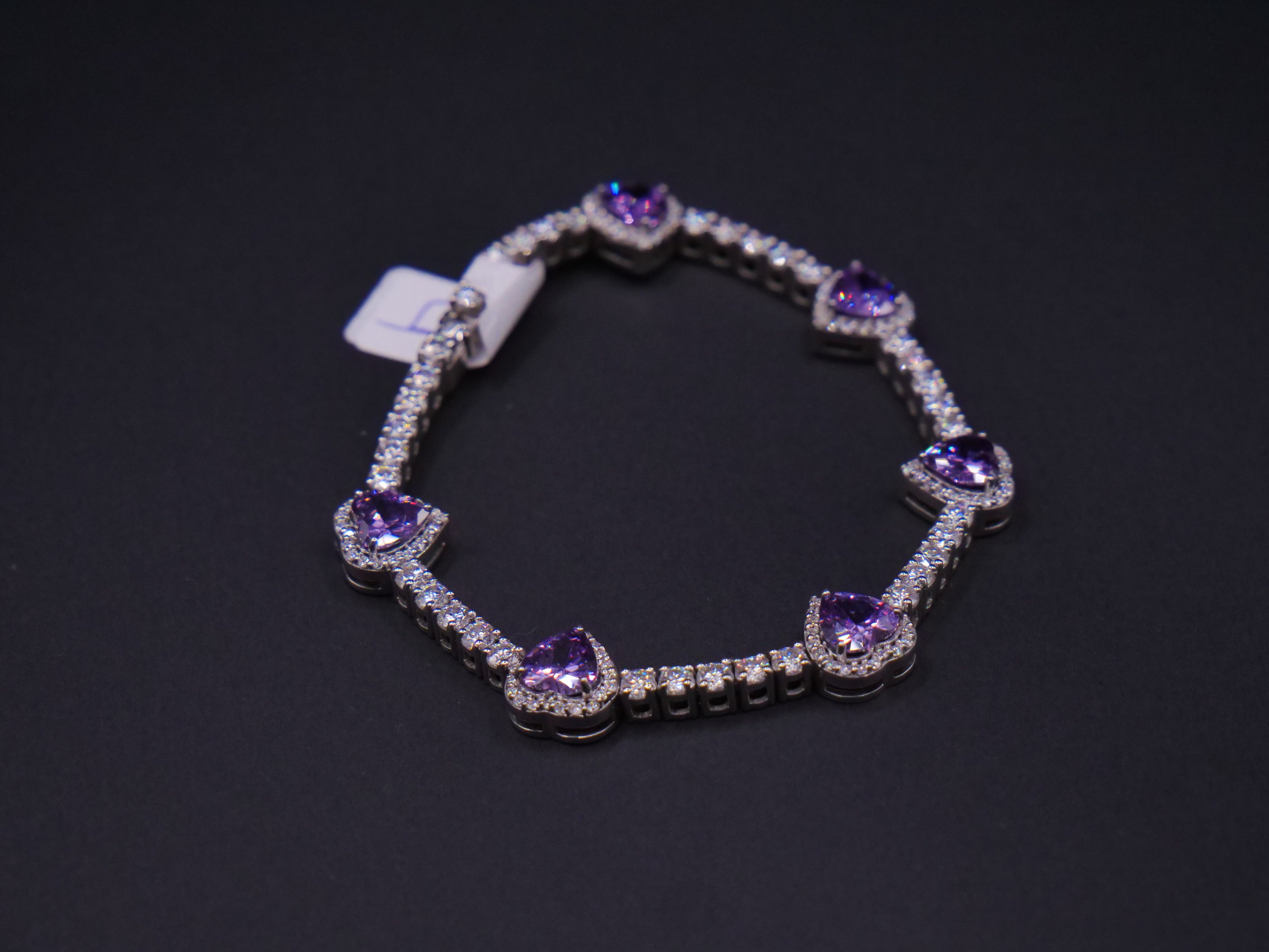 Heart-Cut Purple Stone Halo Tennis Bracelet In Silver