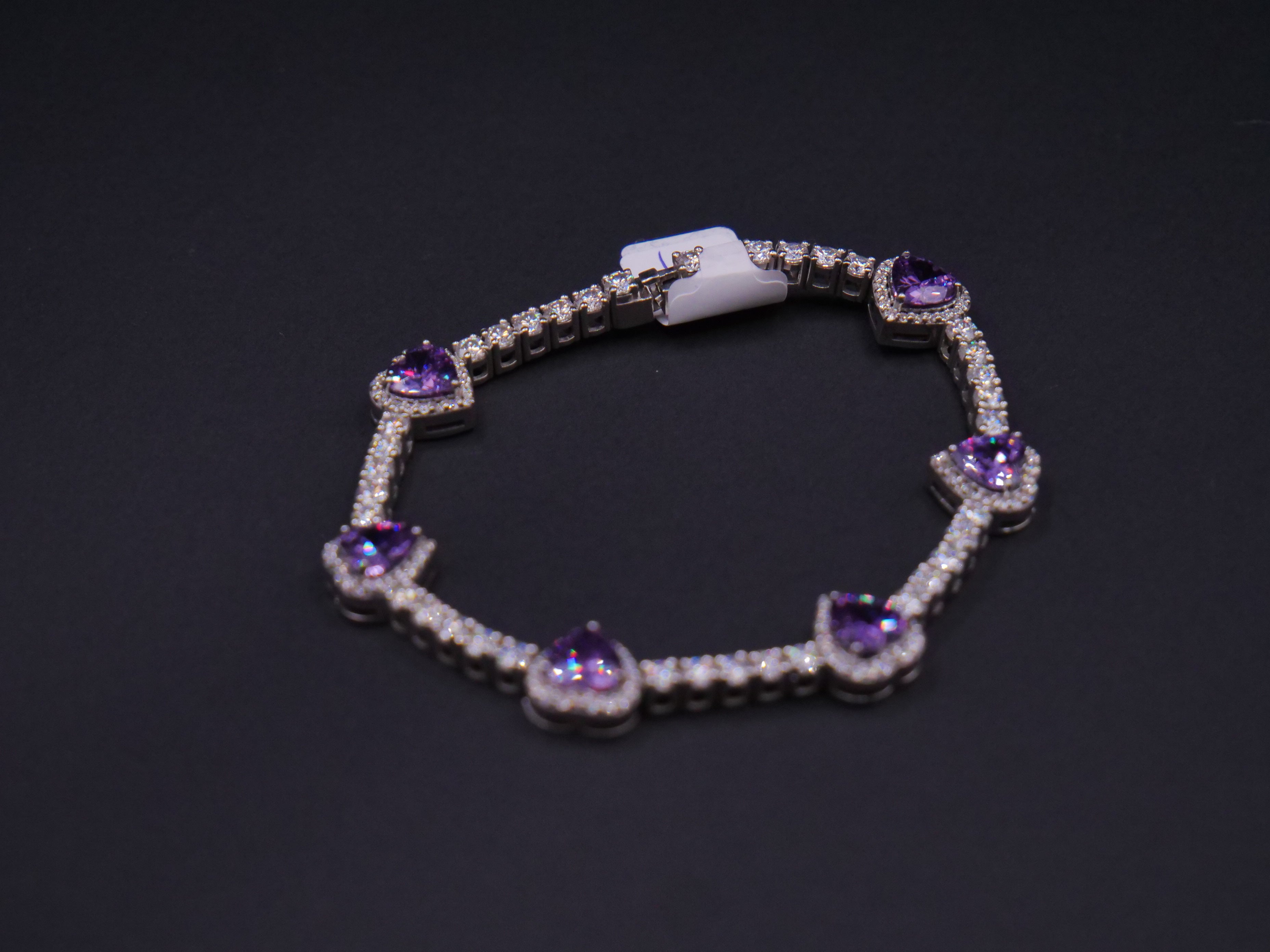 Heart-Cut Purple Stone Halo Tennis Bracelet In Silver