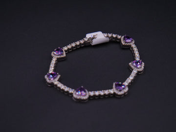 Heart-Cut Purple Stone Halo Tennis Bracelet In Silver