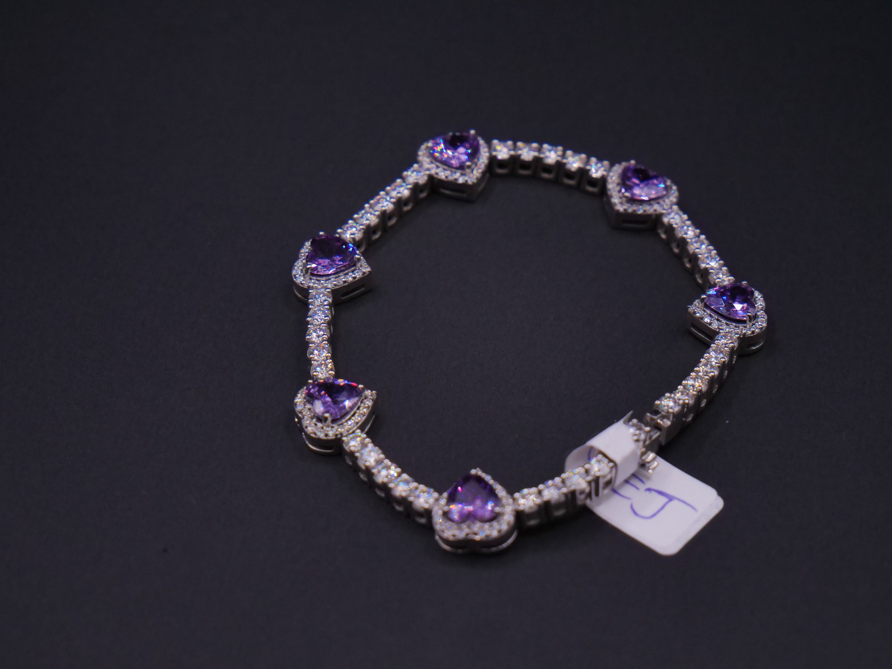 Heart-Cut Purple Stone Halo Tennis Bracelet In Silver