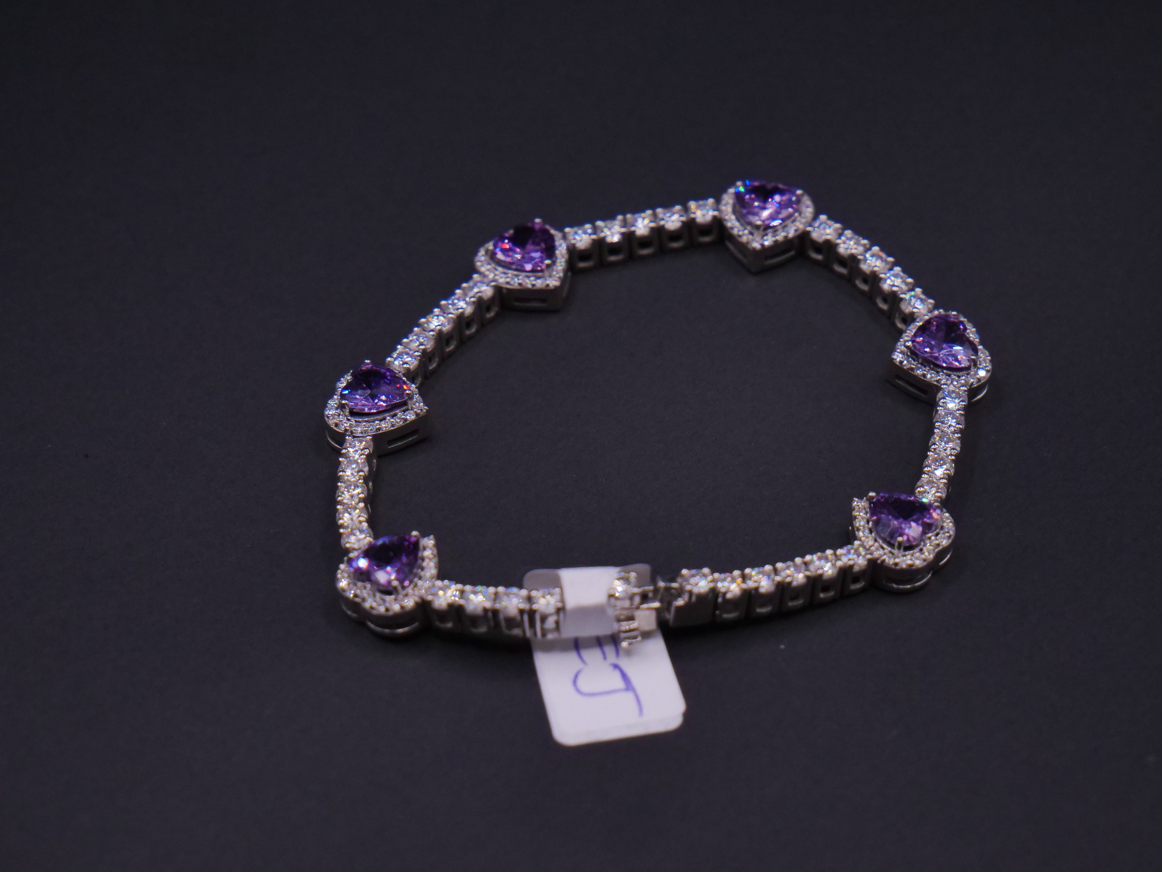 Heart-Cut Purple Stone Halo Tennis Bracelet In Silver