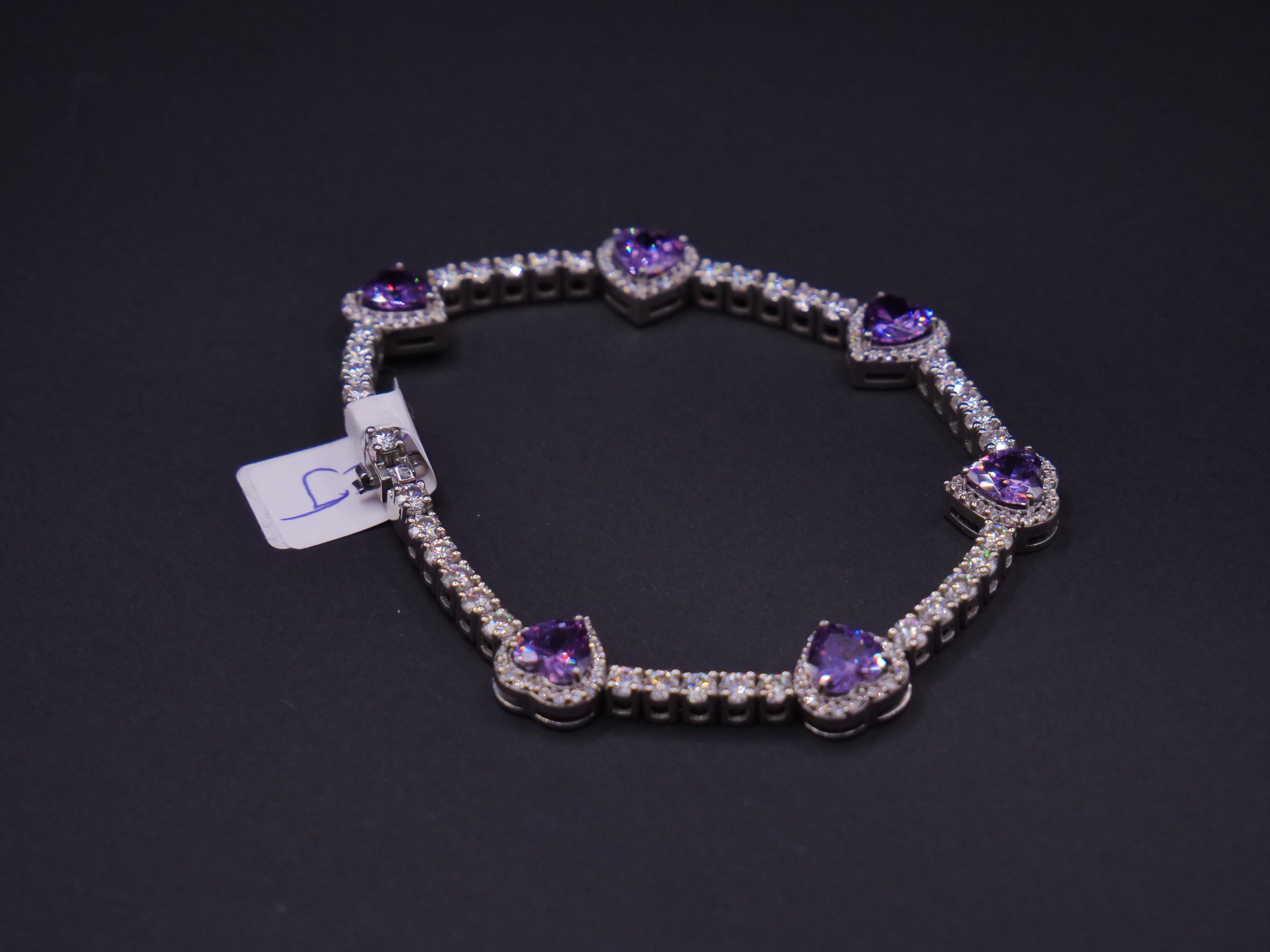 Heart-Cut Purple Stone Halo Tennis Bracelet In Silver