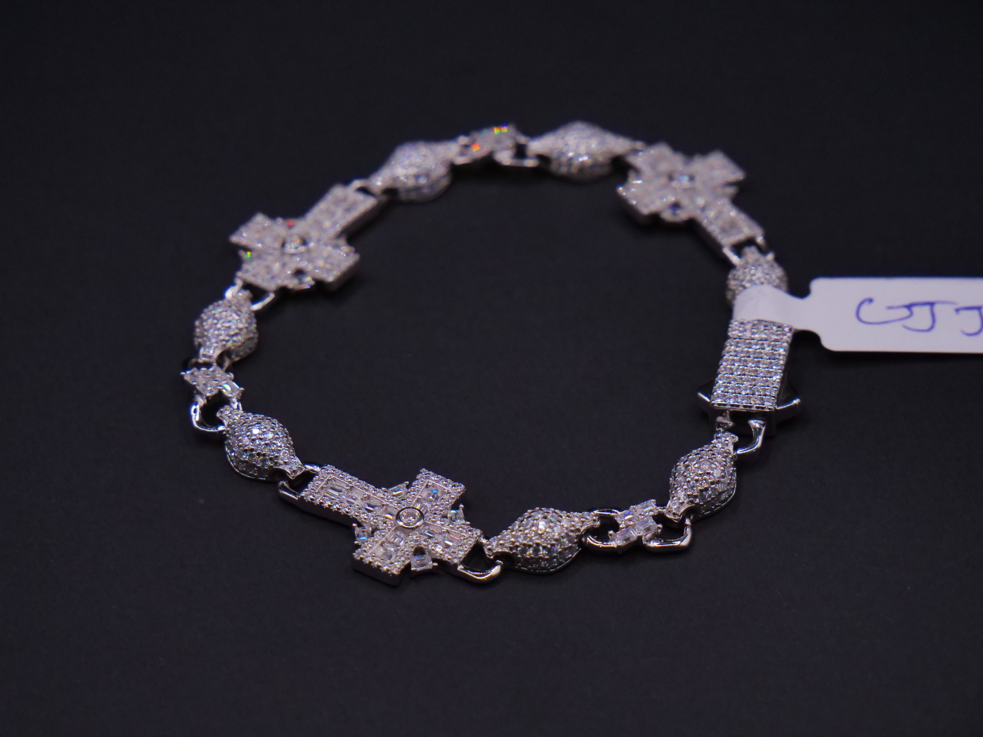 Sacred Cross Pavé Diamond Link Bracelet In White Gold