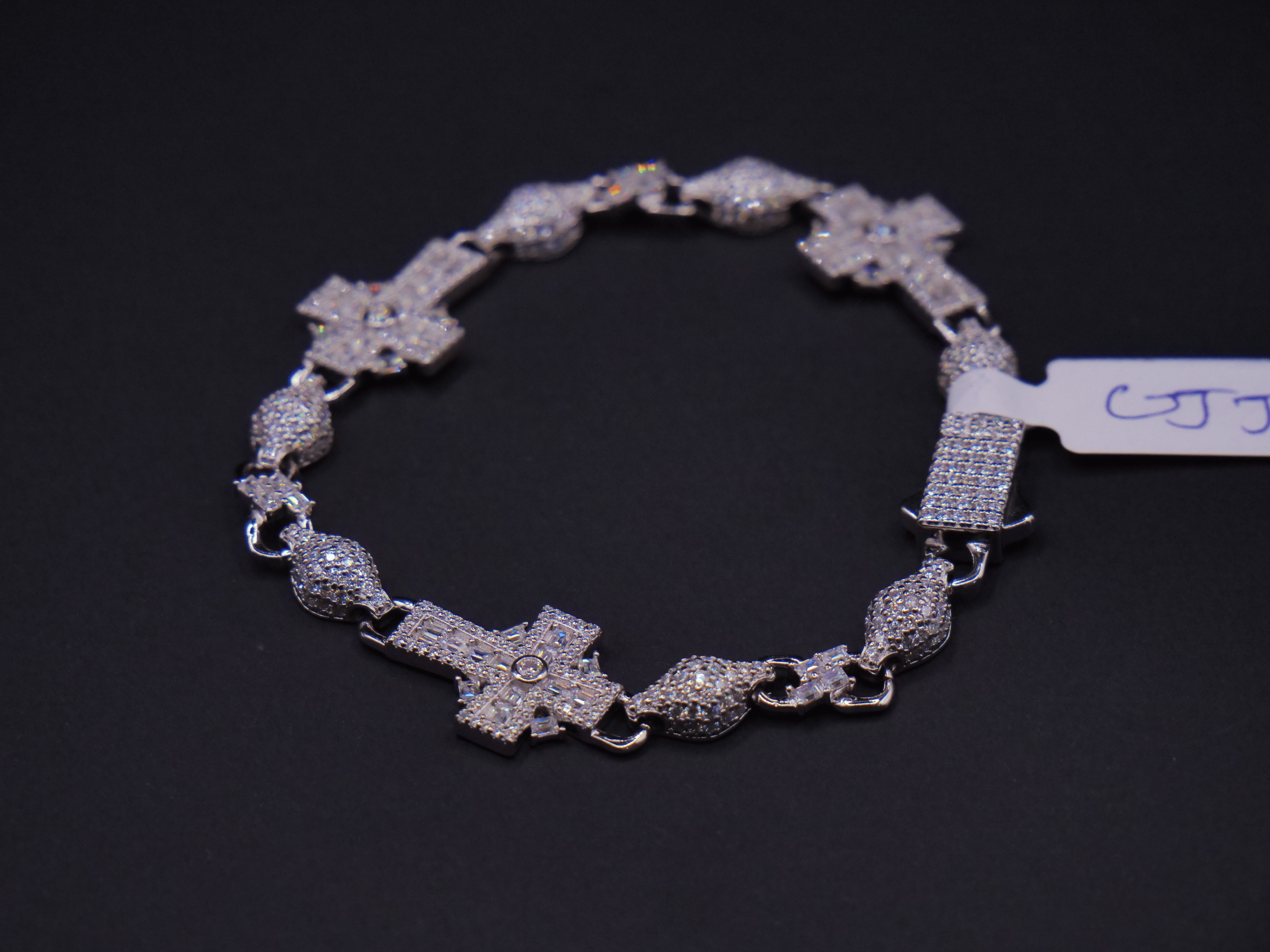 Sacred Cross Pavé Diamond Link Bracelet In White Gold