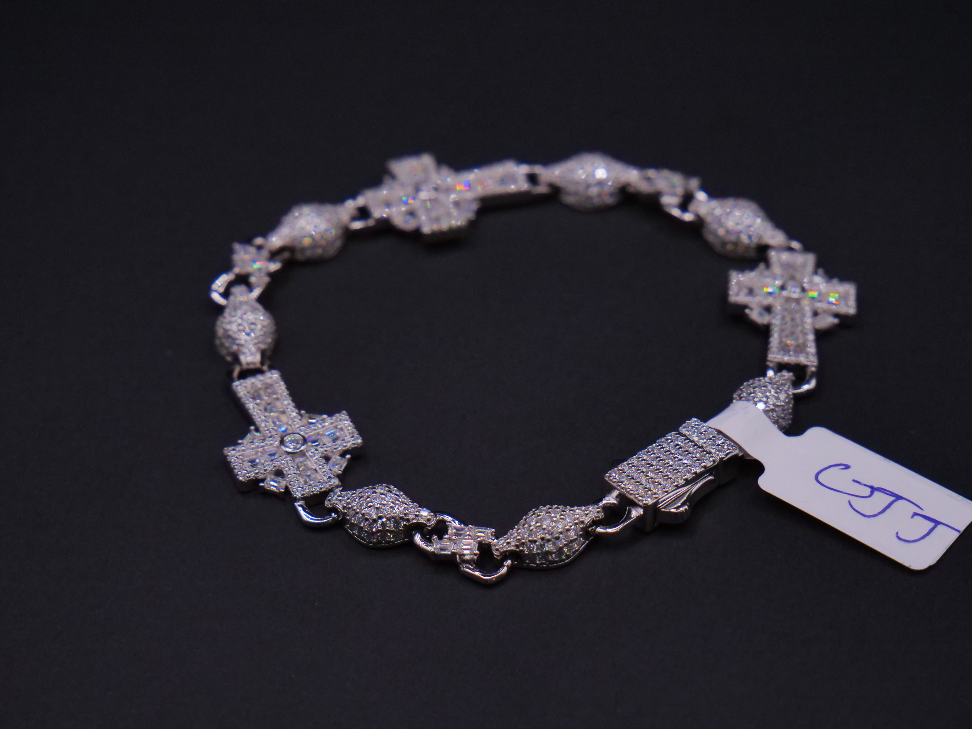 Sacred Cross Pavé Diamond Link Bracelet In White Gold