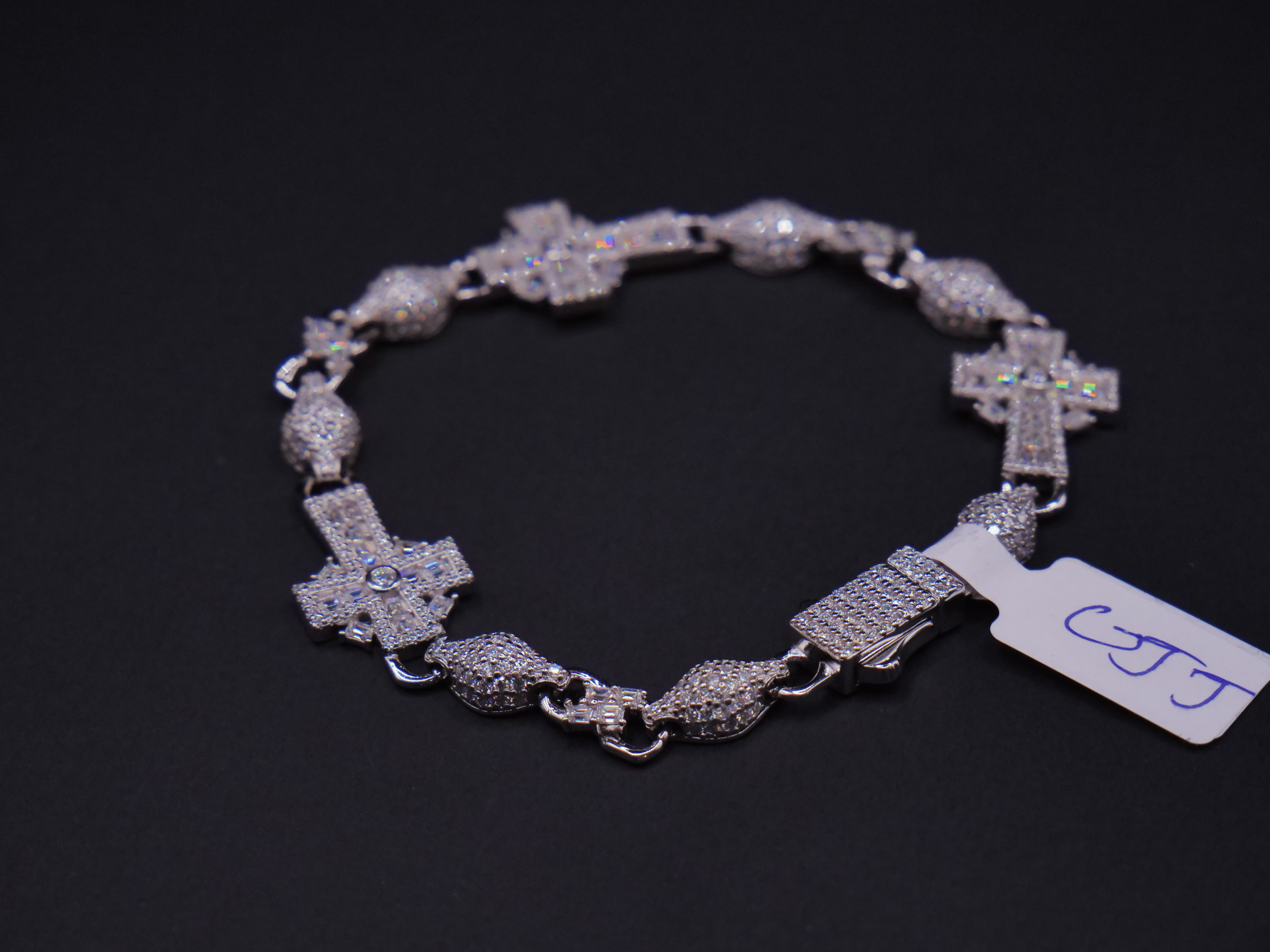 Sacred Cross Pavé Diamond Link Bracelet In White Gold