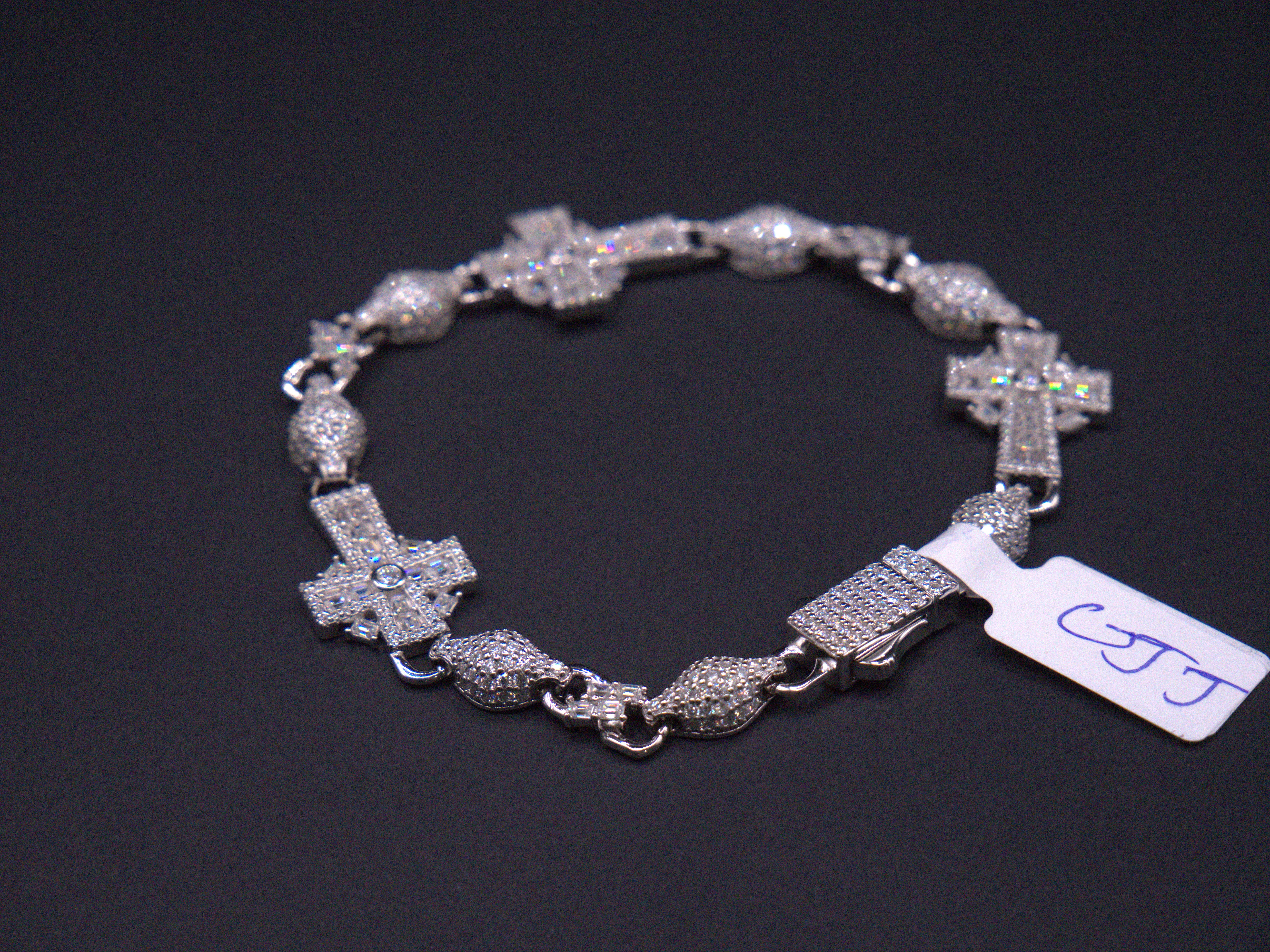 Sacred Cross Pavé Diamond Link Bracelet In White Gold