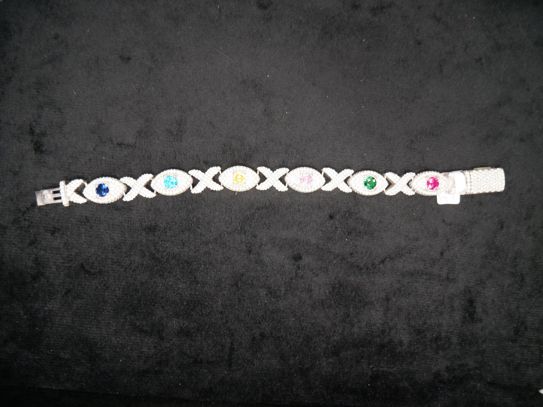 Pavé Diamond Multi-Gemstone XO Link Bracelet In White Gold