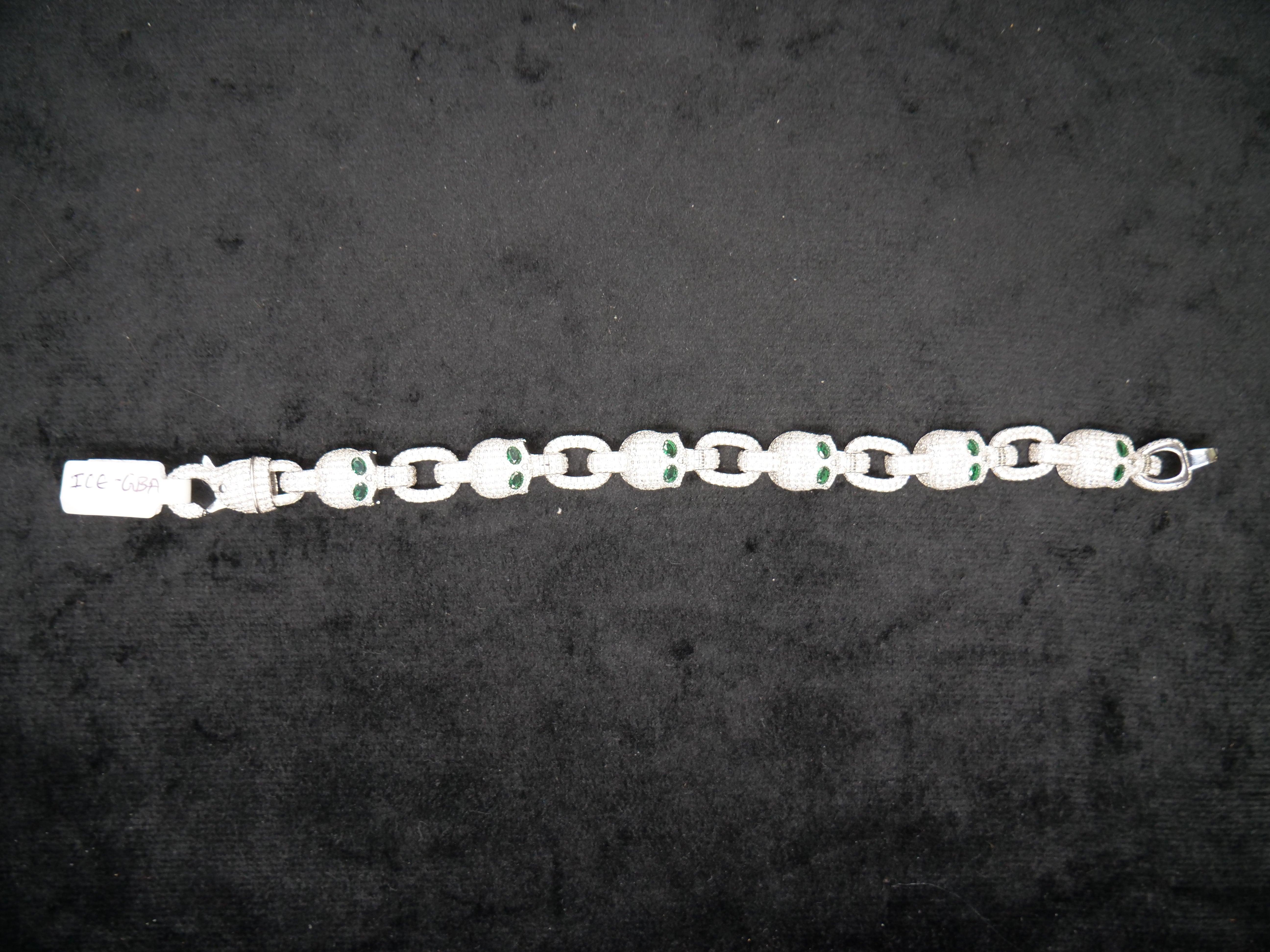 Pavé Diamond Skull Link Bracelet With Emerald Eyes In White Gold