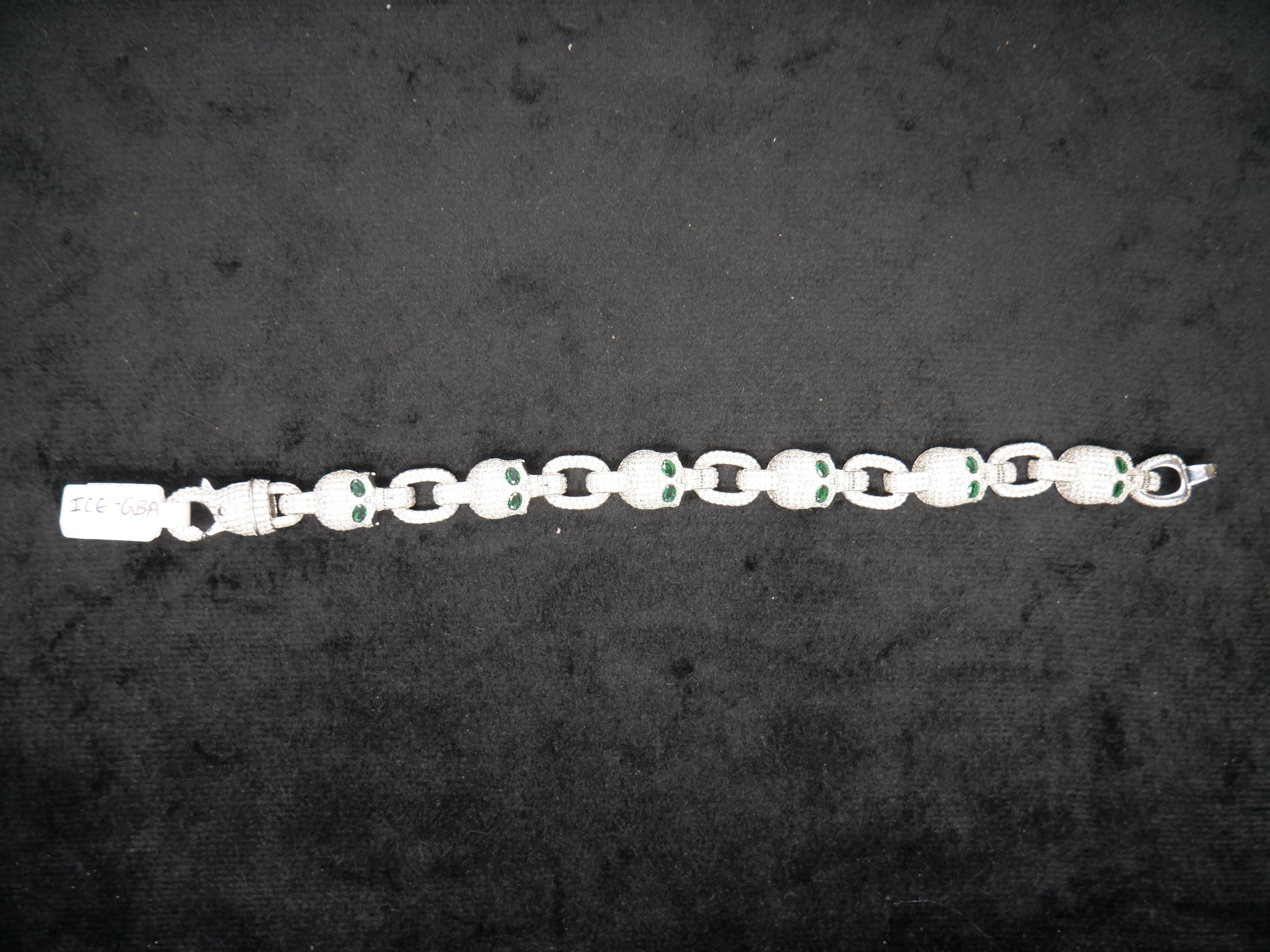Pavé Diamond Skull Link Bracelet With Emerald Eyes In White Gold