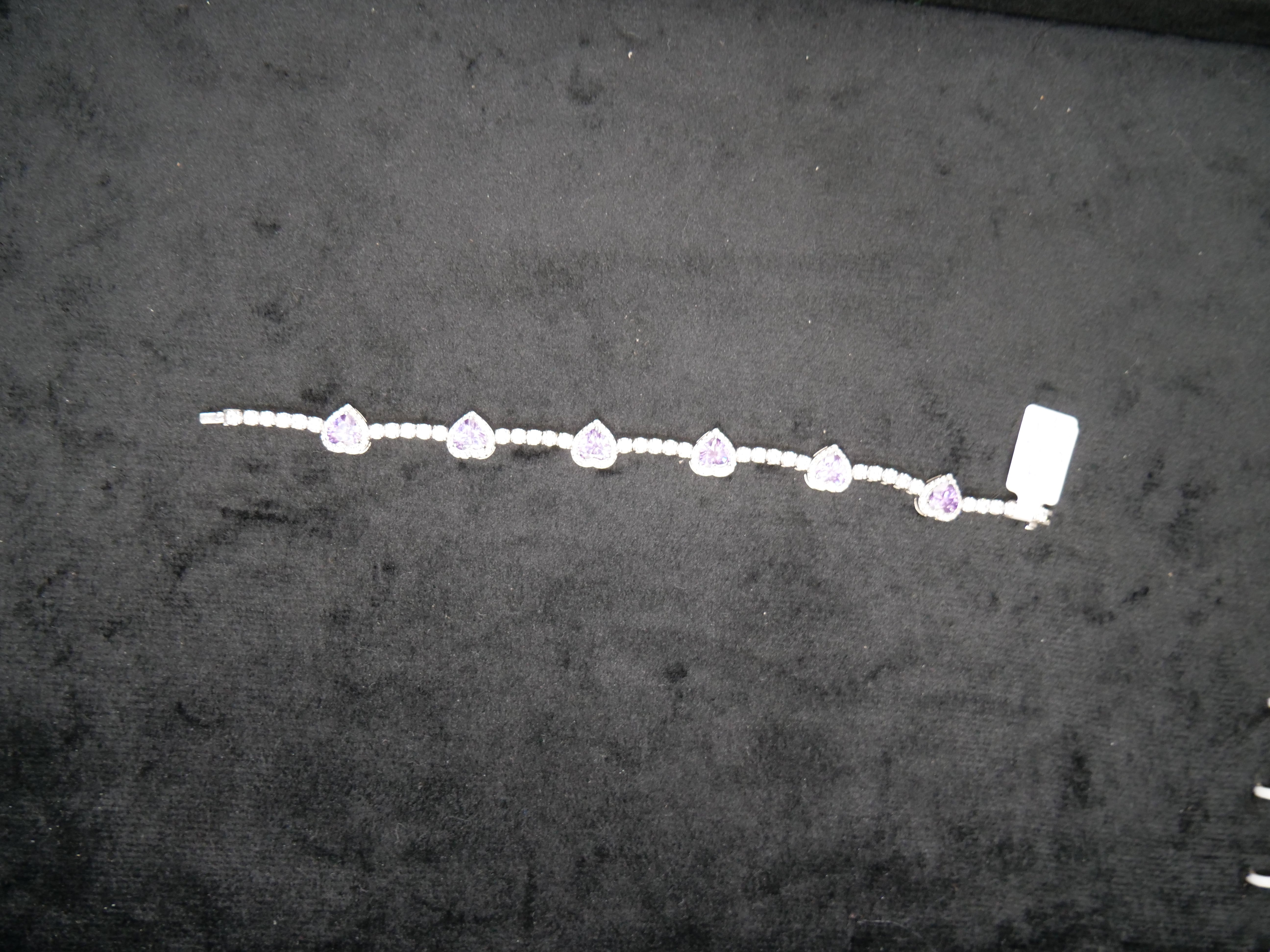 Heart-Cut Amethyst Halo Diamond Tennis Bracelet In White Gold