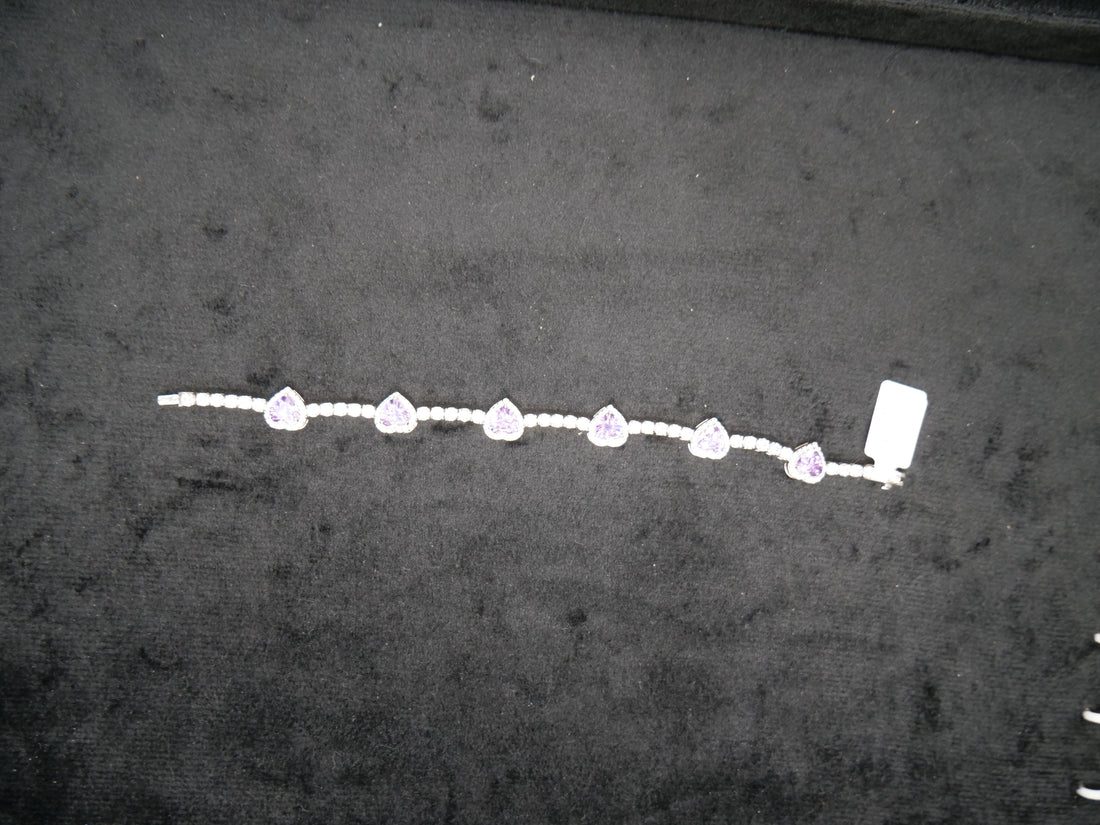Heart-Cut Amethyst Halo Diamond Tennis Bracelet In White Gold
