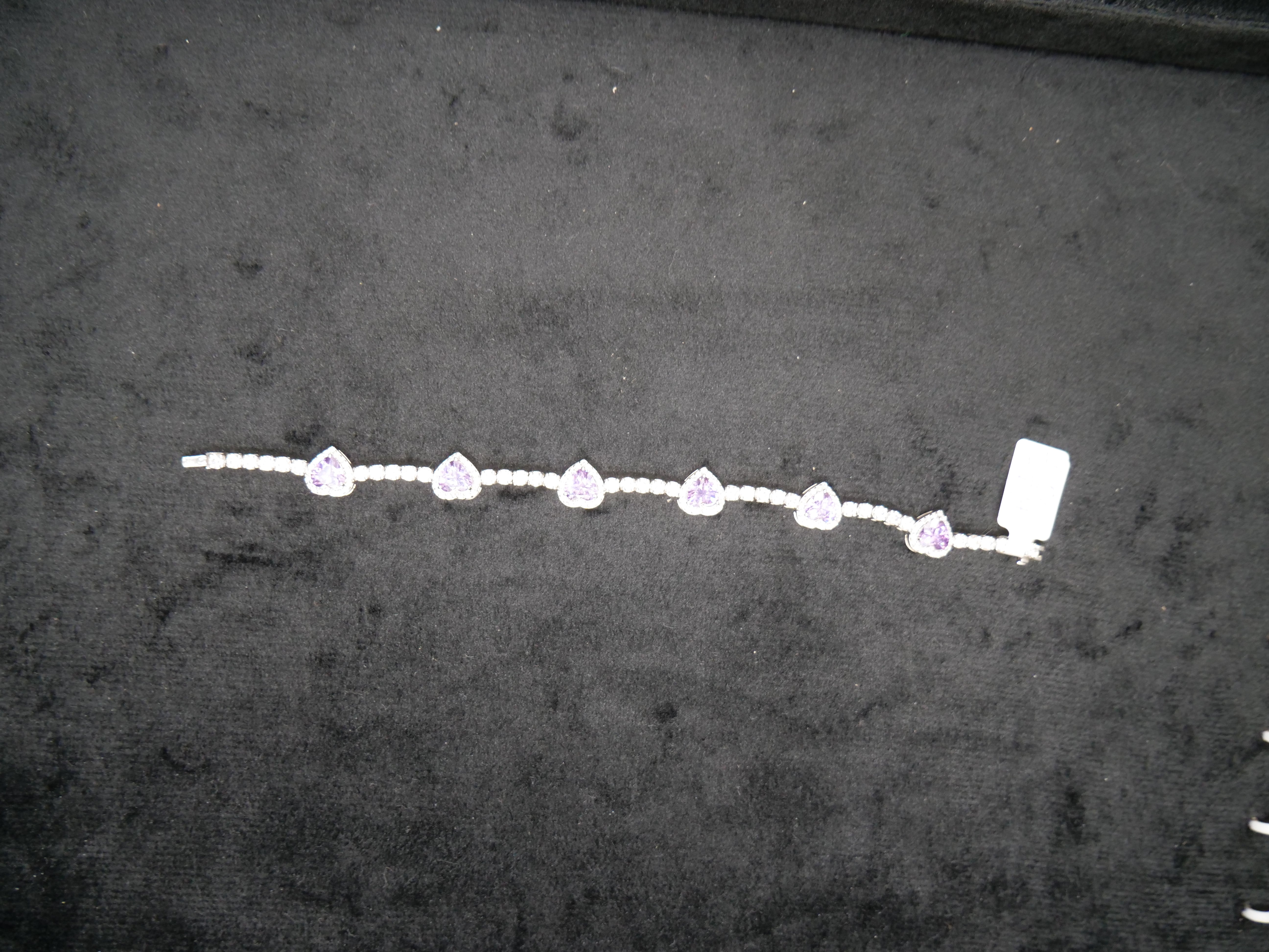 Heart-Cut Amethyst Halo Diamond Tennis Bracelet In White Gold
